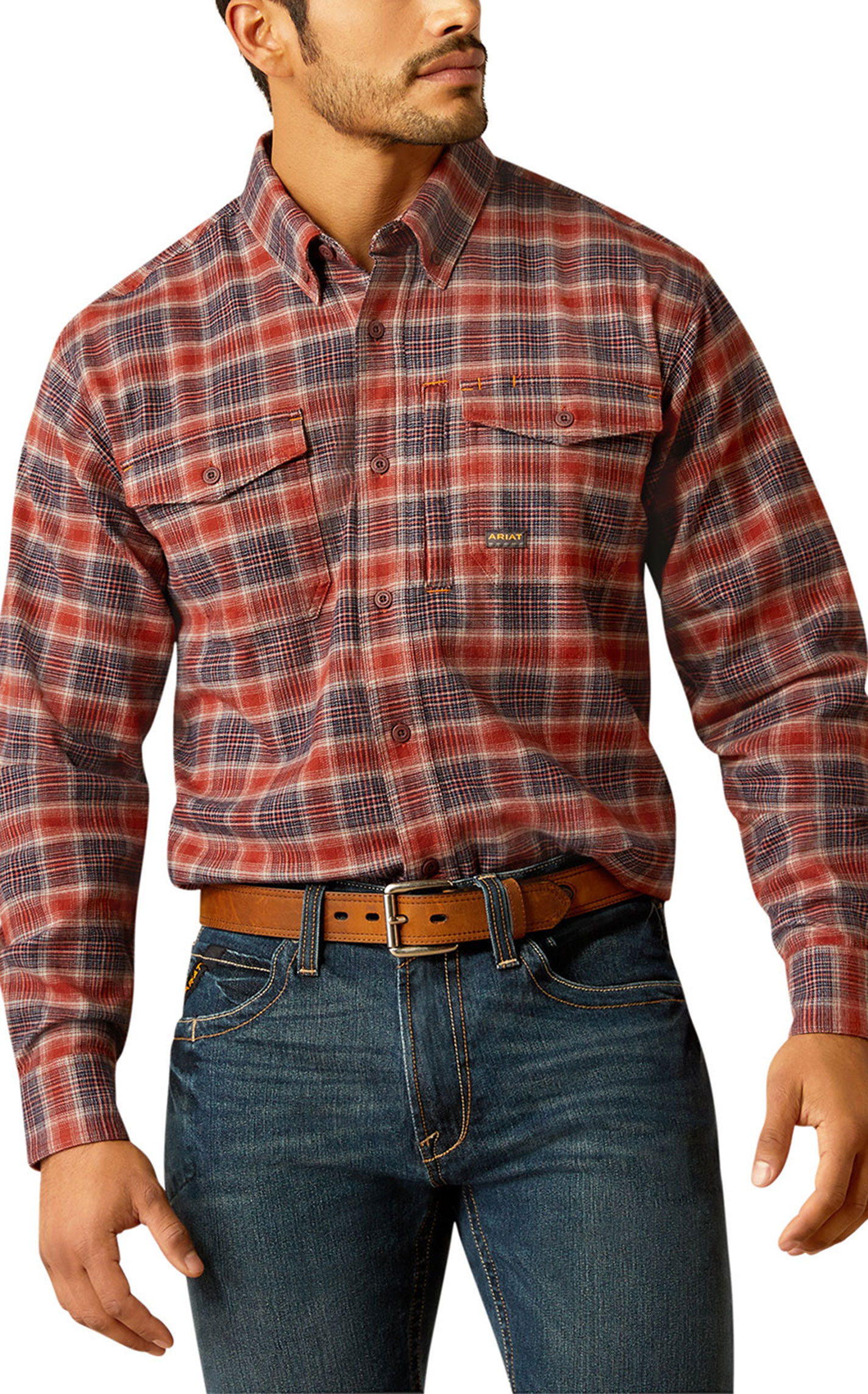 Ariat Men's Rebar Navy & Cranberry Plaid DuraStretch Flannel Work Shirt - Image 1