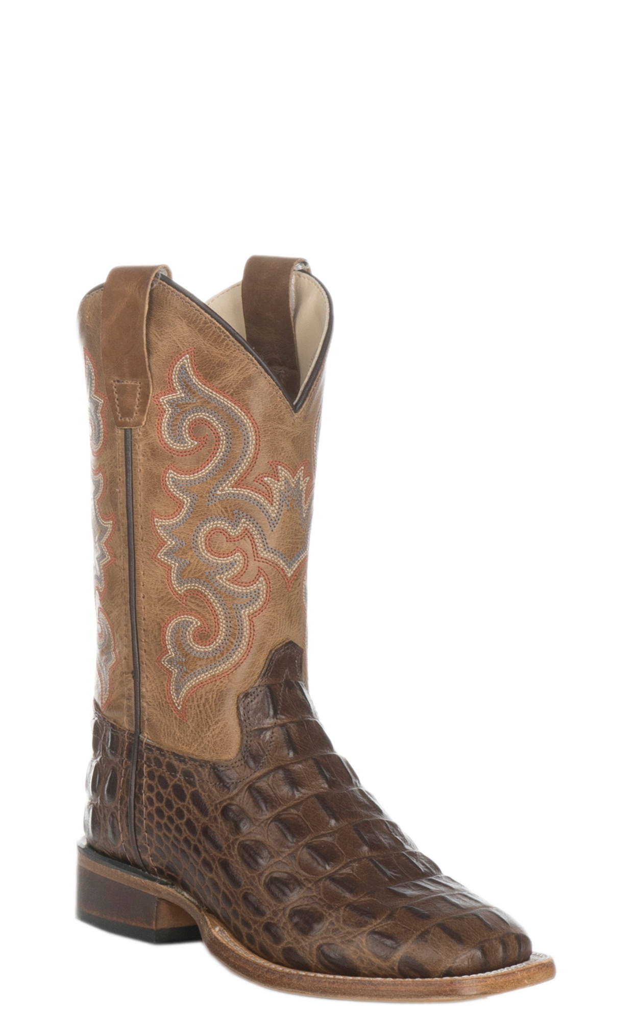 Old West Youth Chocolate Croc Print and Tan Wide Square Toe Western Boots - Image 1