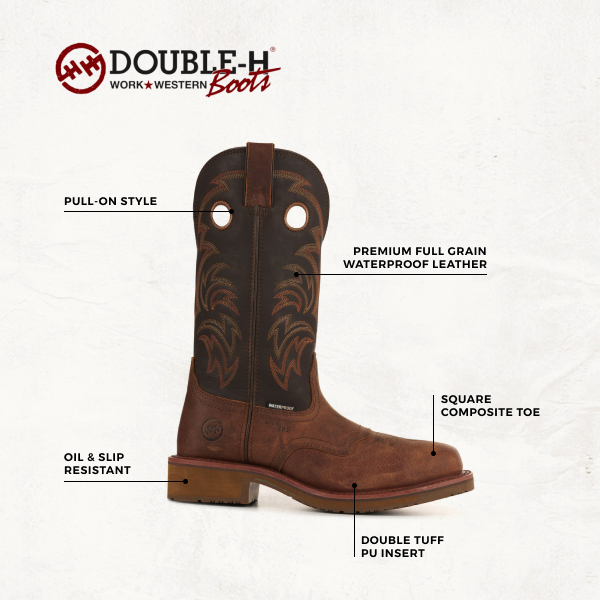 Double H Men's Tan and Chocolate Brown Waterproof Wide Square Composite Toe Work Boots - Image 1