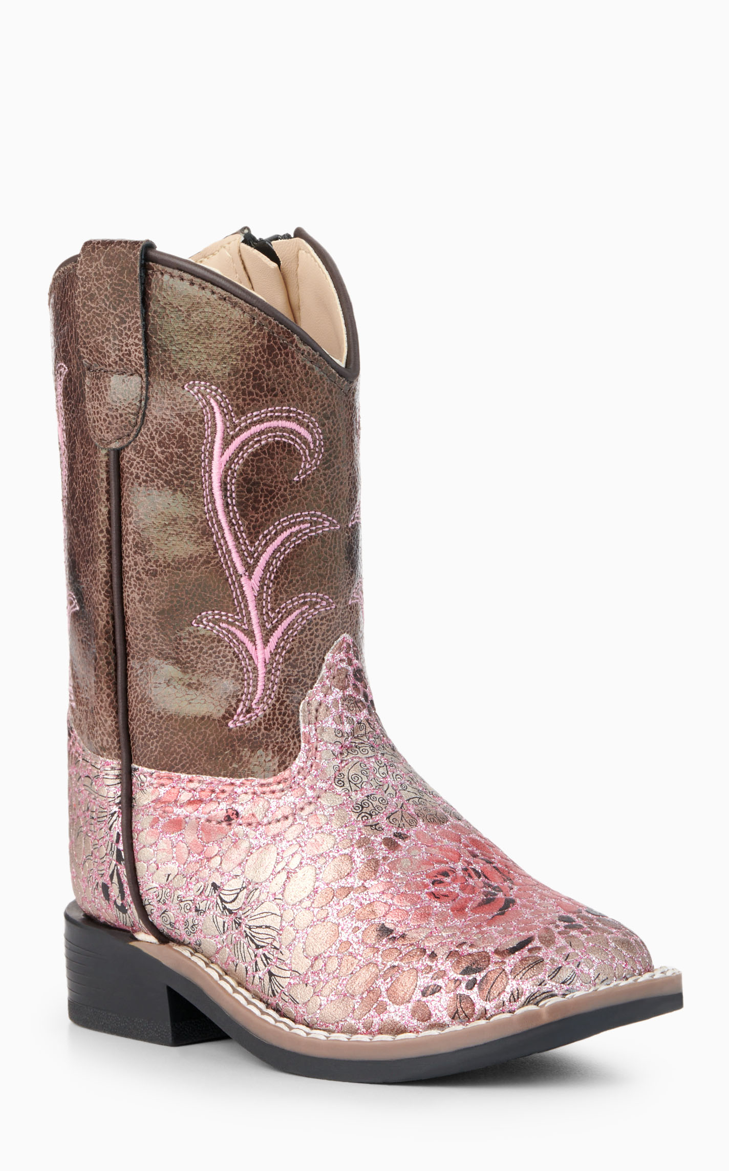 Old West Toddler Brown and Crackle Antique Pink Square Toe Cowboy Boots - Image 1