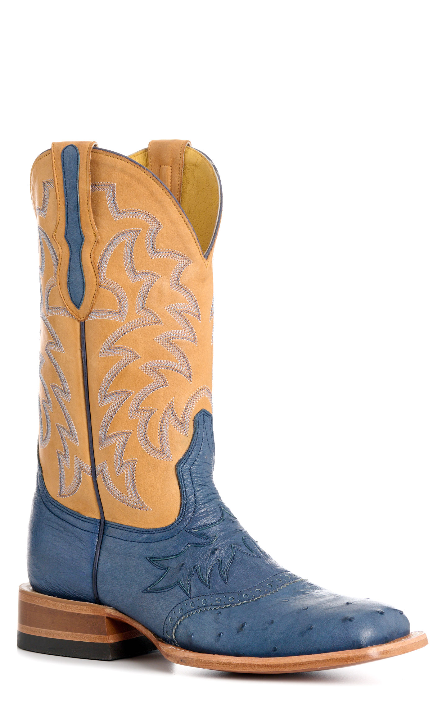 Cavender's Women's Blue Ostrich & Honey Wide Square Toe Cowboy Boots - Image 1