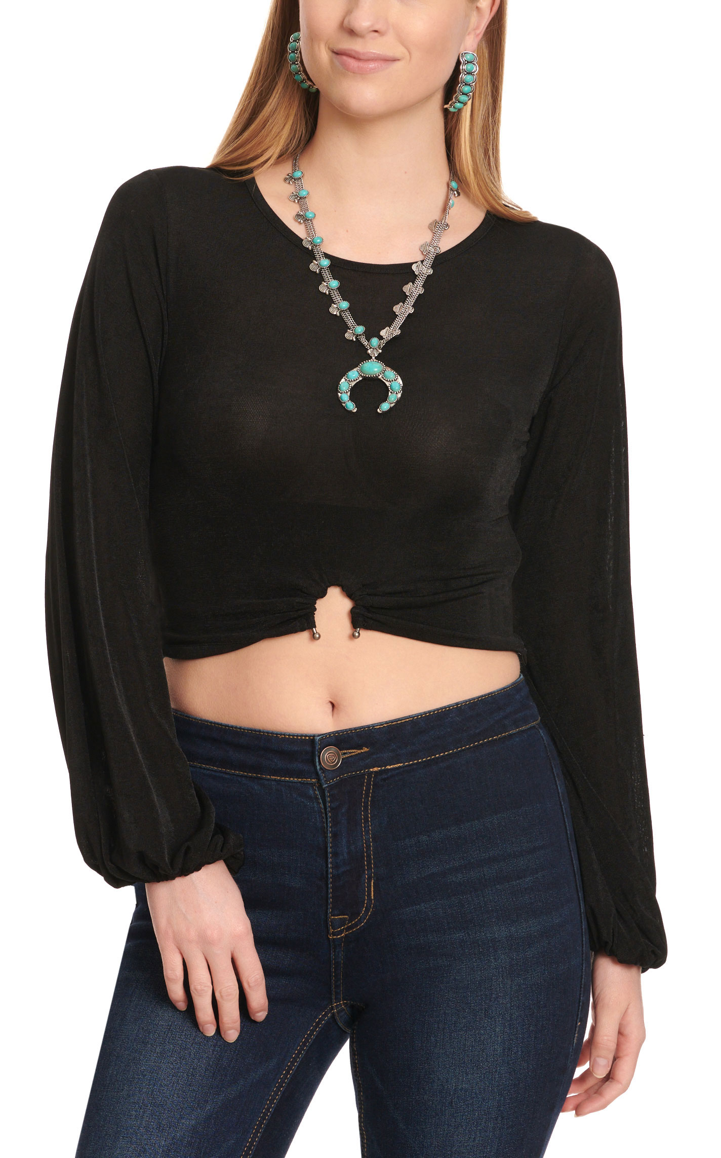Rock & Roll Denim Black & Antique Silver Horseshoe Detail Long Sleeve Crop Top - Image 1