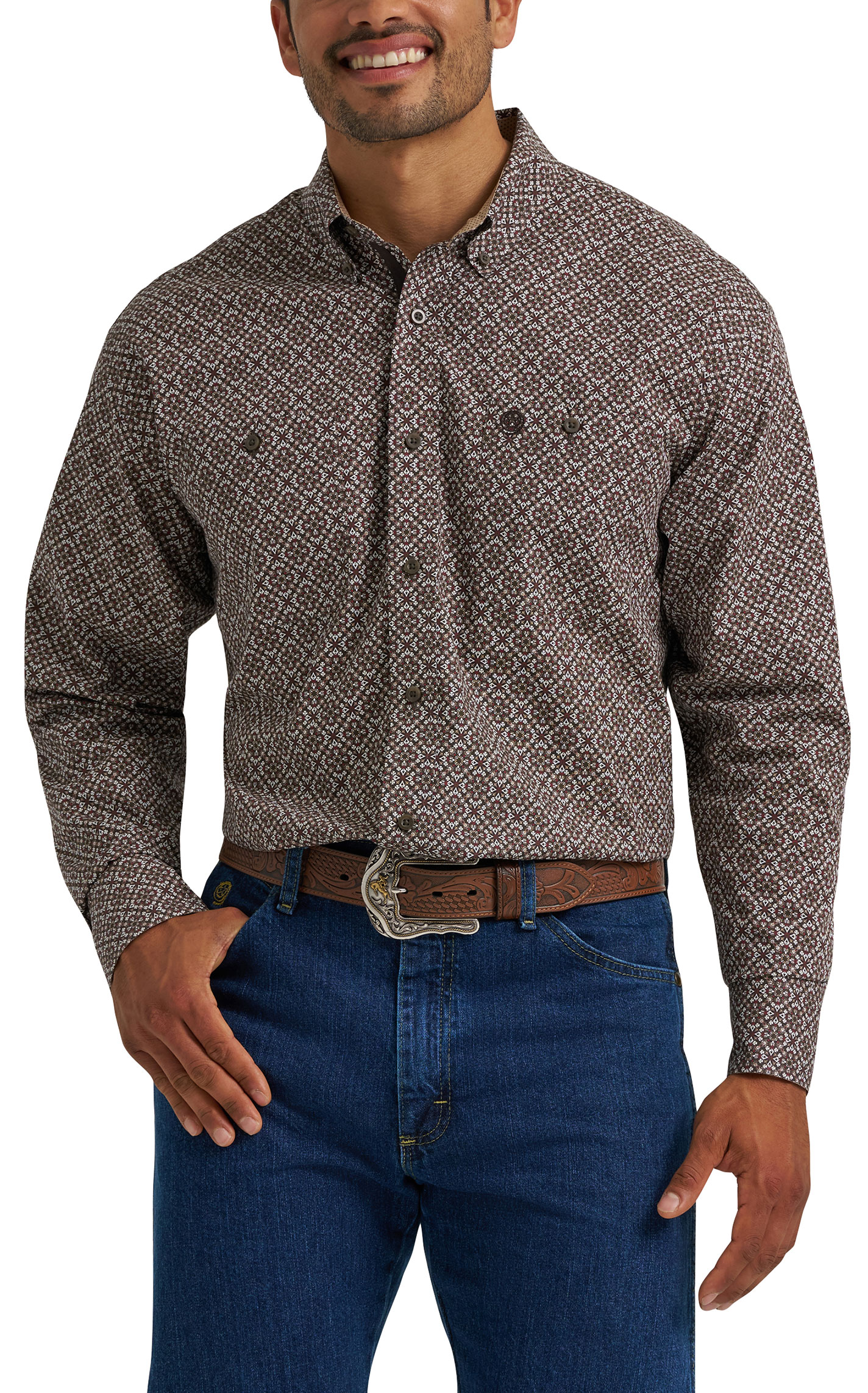 Wrangler George Strait Men's Coffee Burst Print Long Sleeve Western Shirt - Image 1
