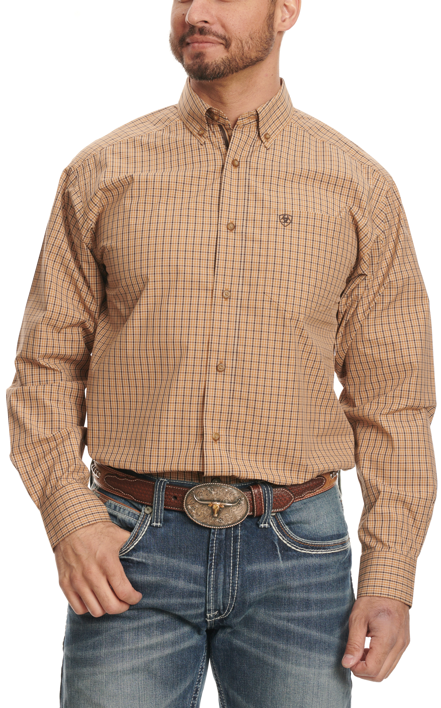 Ariat Pro Series Men's Cedar Black & Mustard Plaid Western Shirt - Image 1