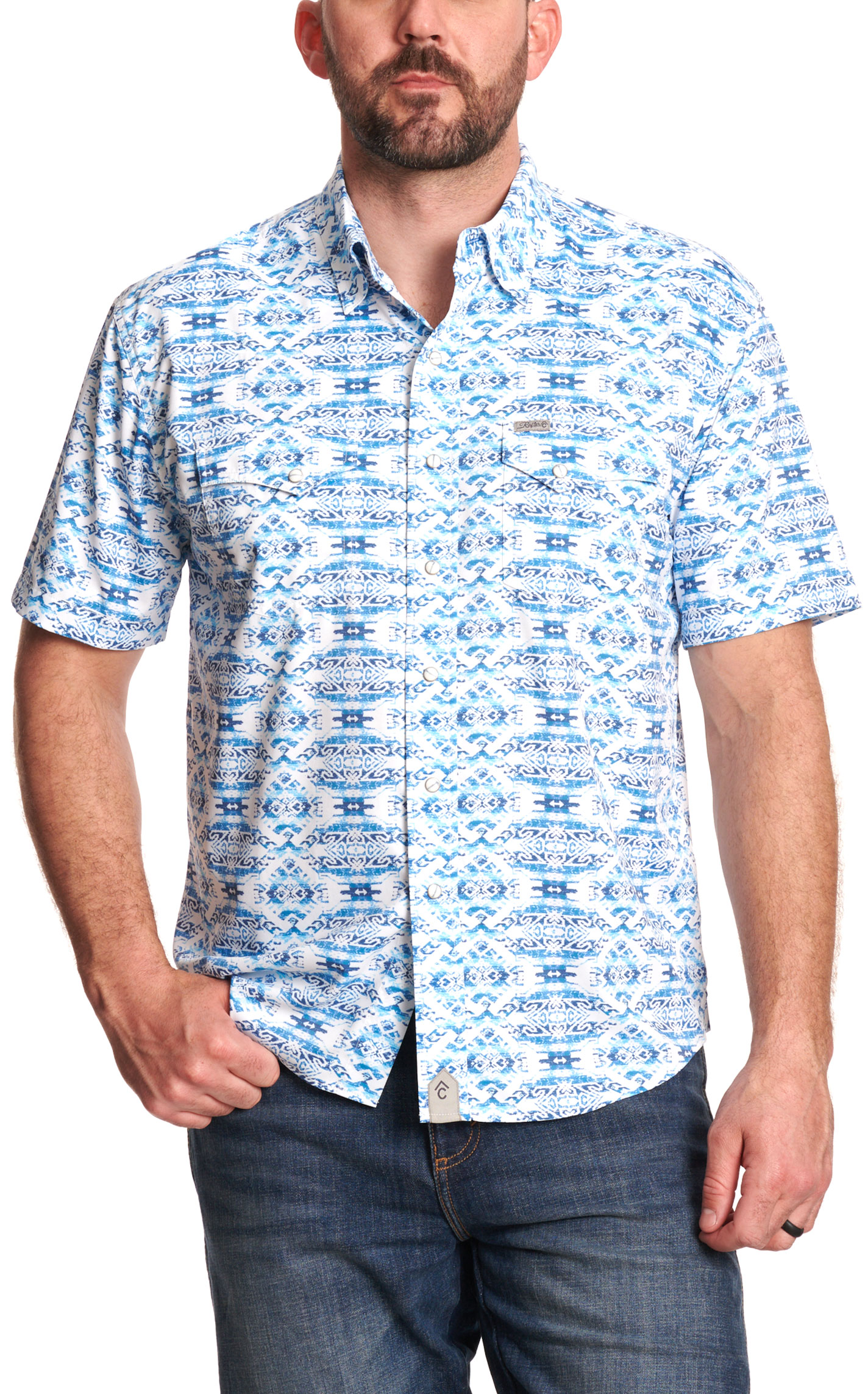 Rafter C Men's Blue & White Aztec Print Western Shirt  - Image 1