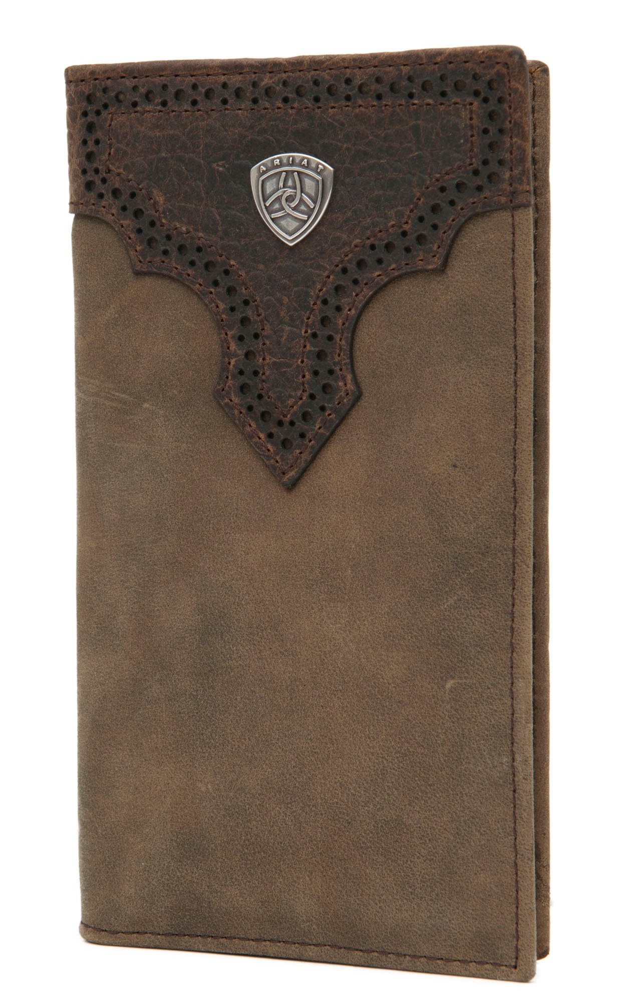 Ariat Distressed Brown with Dark Brown Perforated Overlay with Shield Leather Checkbook / Rodeo Wallet - Image 1