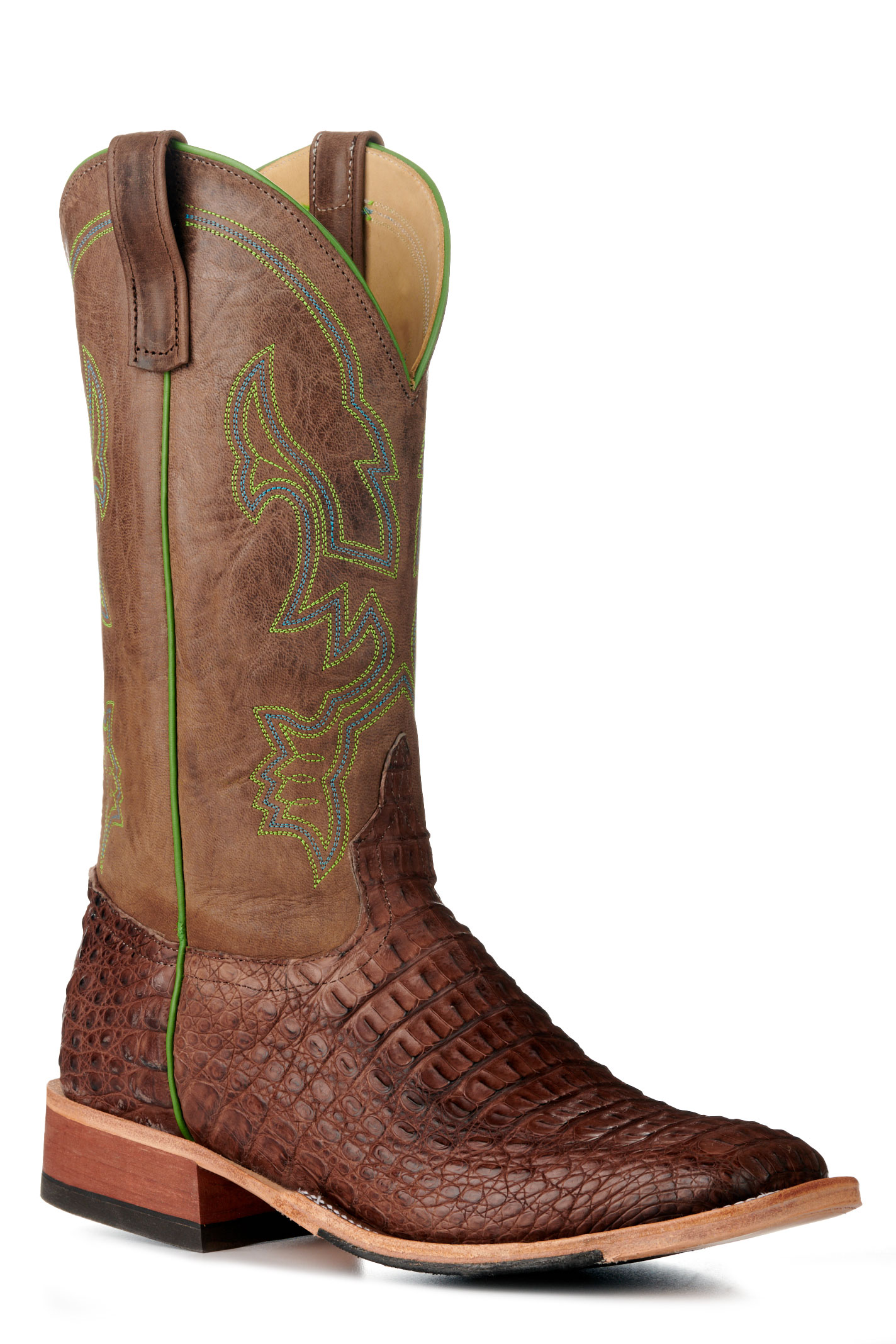 Anderson Bean Men's Chocolate Lux Hornback Caiman and Chocolate Wide Square Toe Exotic Cowboy Boots - Image 1