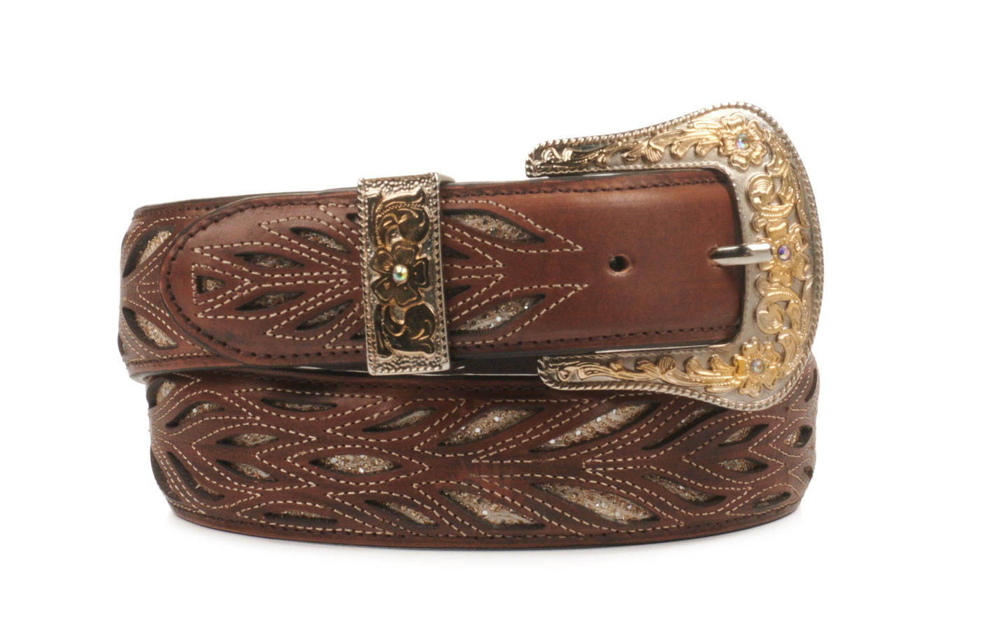 Cavender's Women's Brown with Gold Glitter Inlays Leather Belt - Image 1