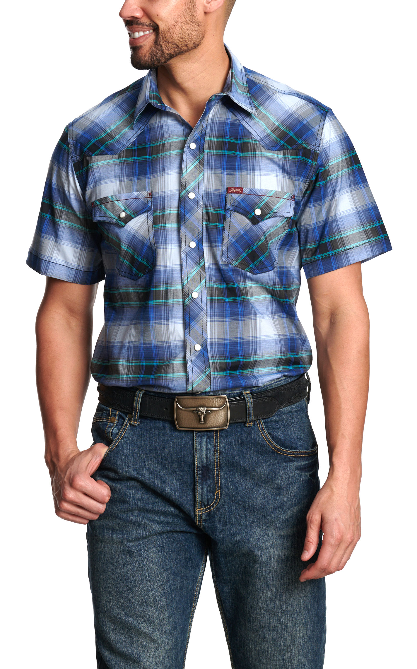 Rafter C Red Dirt Collection Men's Blue Plaid Western Shirt - Image 1