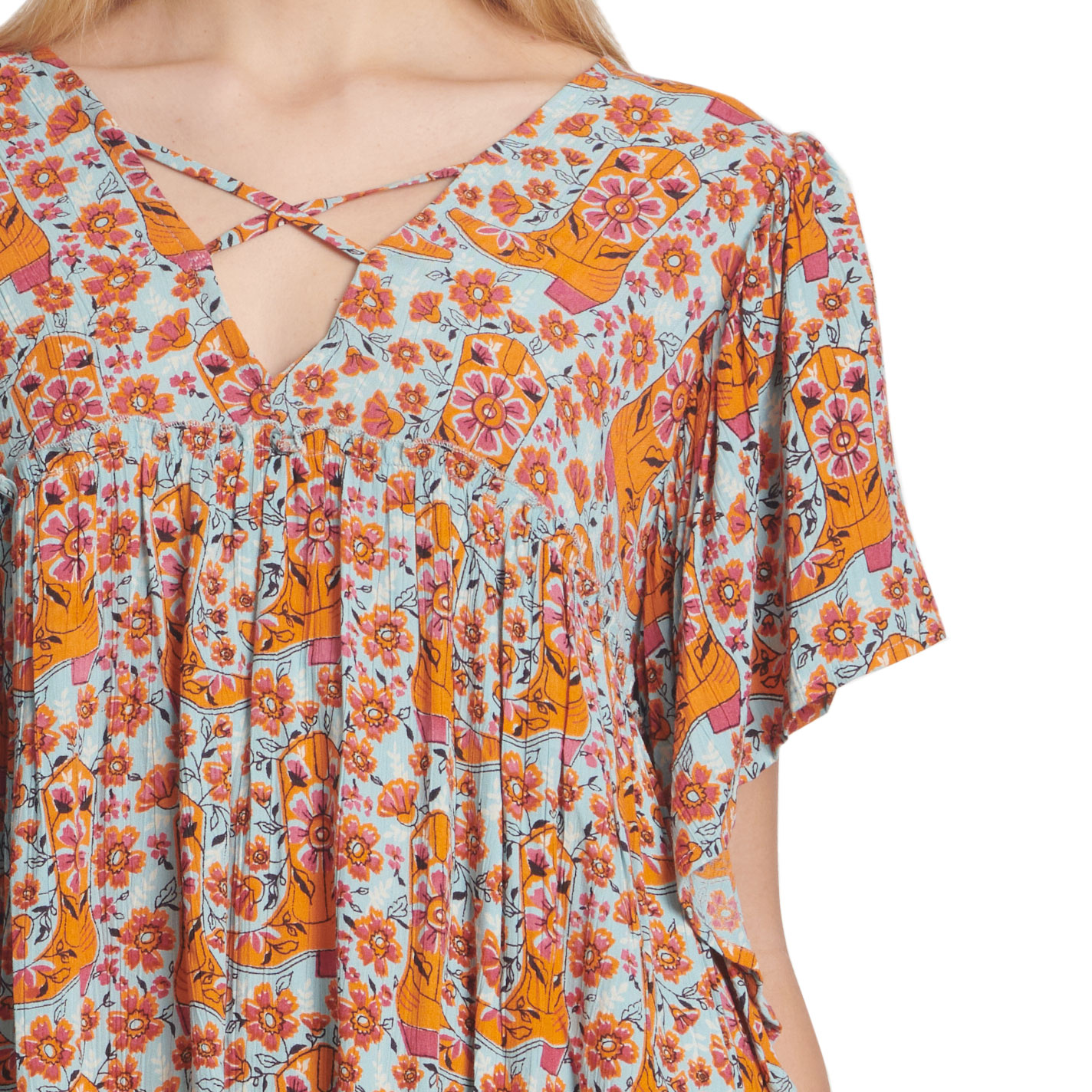 Rockin C Women's Orange & Pink Floral Boot Print Dress - Image 1