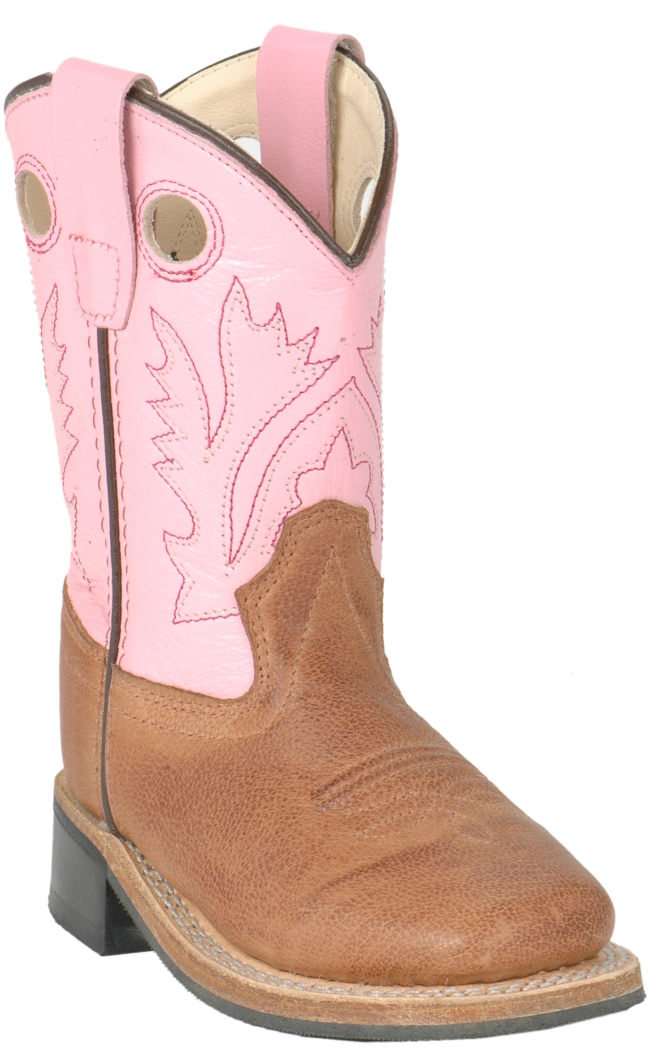 Old West Toddler Distressed Brown and Pink Corona Calf Square Toe Cowboy Boot - Image 1