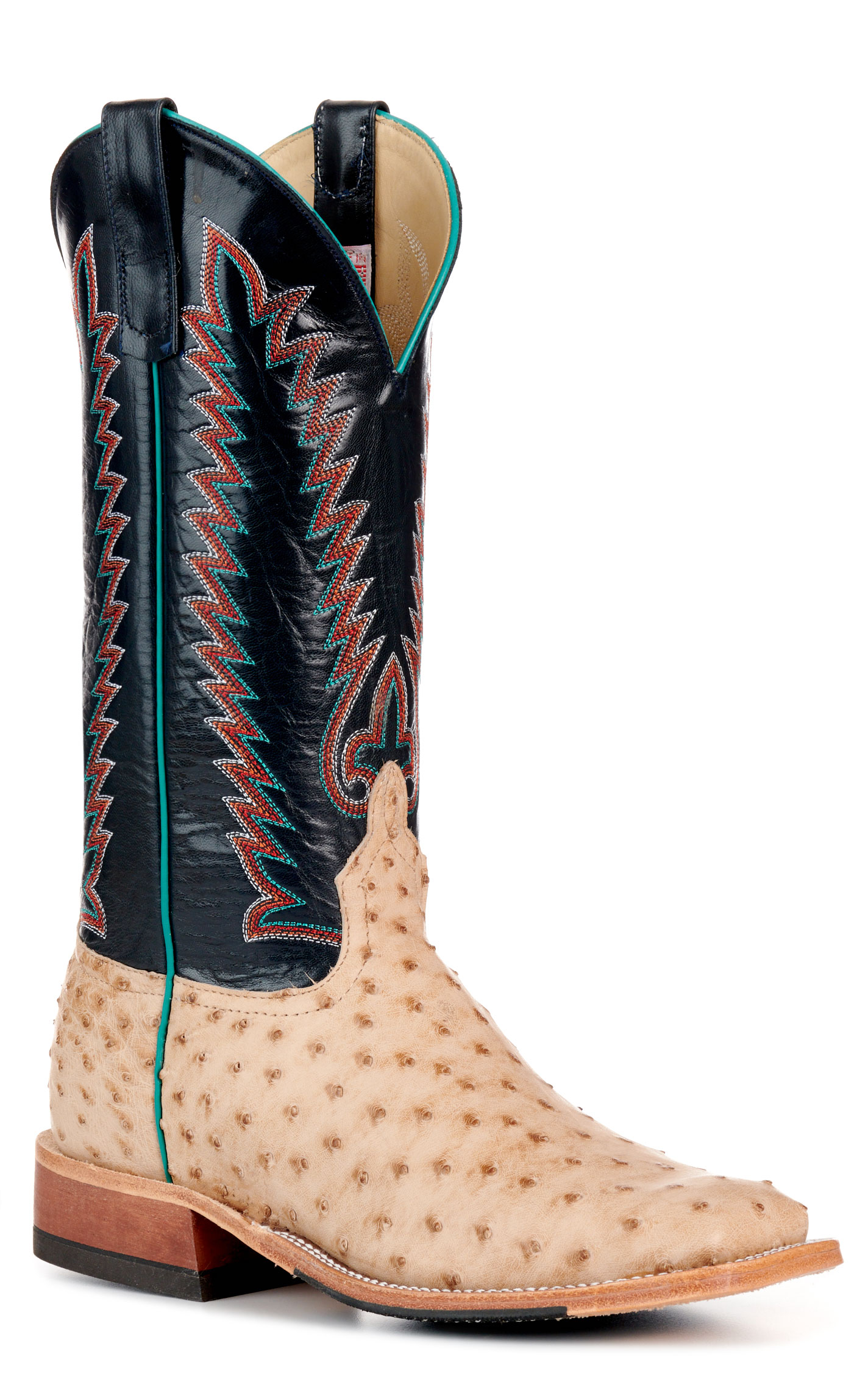 Anderson Bean Men's Navy and Tan Full Quill Ostrich Hybrid Wide Square Toe Exotic Cowboy Boots - Image 1