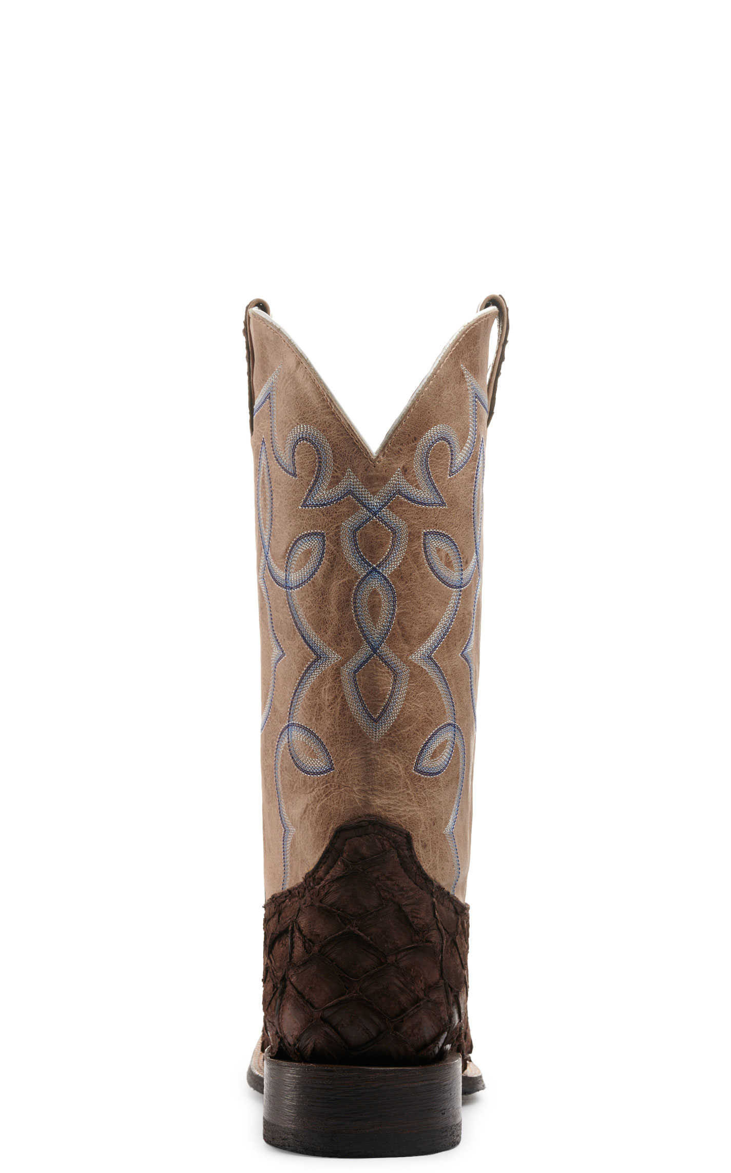 Cavender's Men's Chocolate Pirarucu and Orix Tan Cowhide Wide Square Toe Exotic Cowboy Boots - Image 1