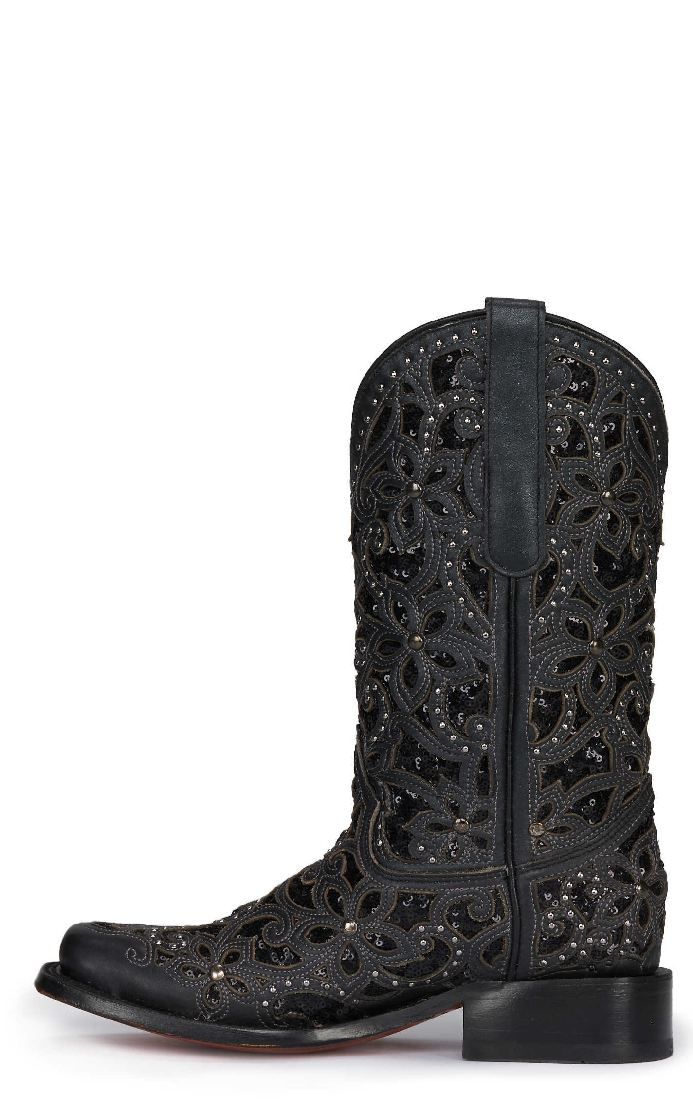 Corral Women's Black with Black Glitter Inlay and Studs Square Toe Cowboy Boot - Image 1