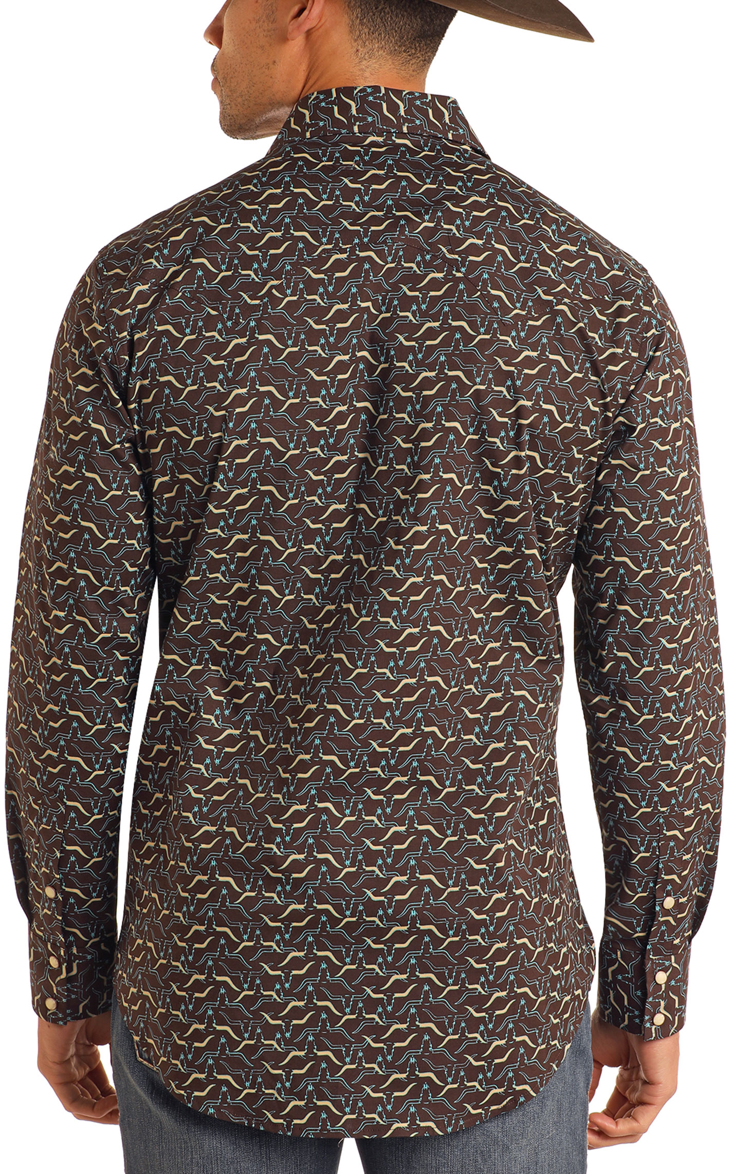 Rock & Roll Denim Men's Chocolate & Longhorn Print Western Shirt - Image 1