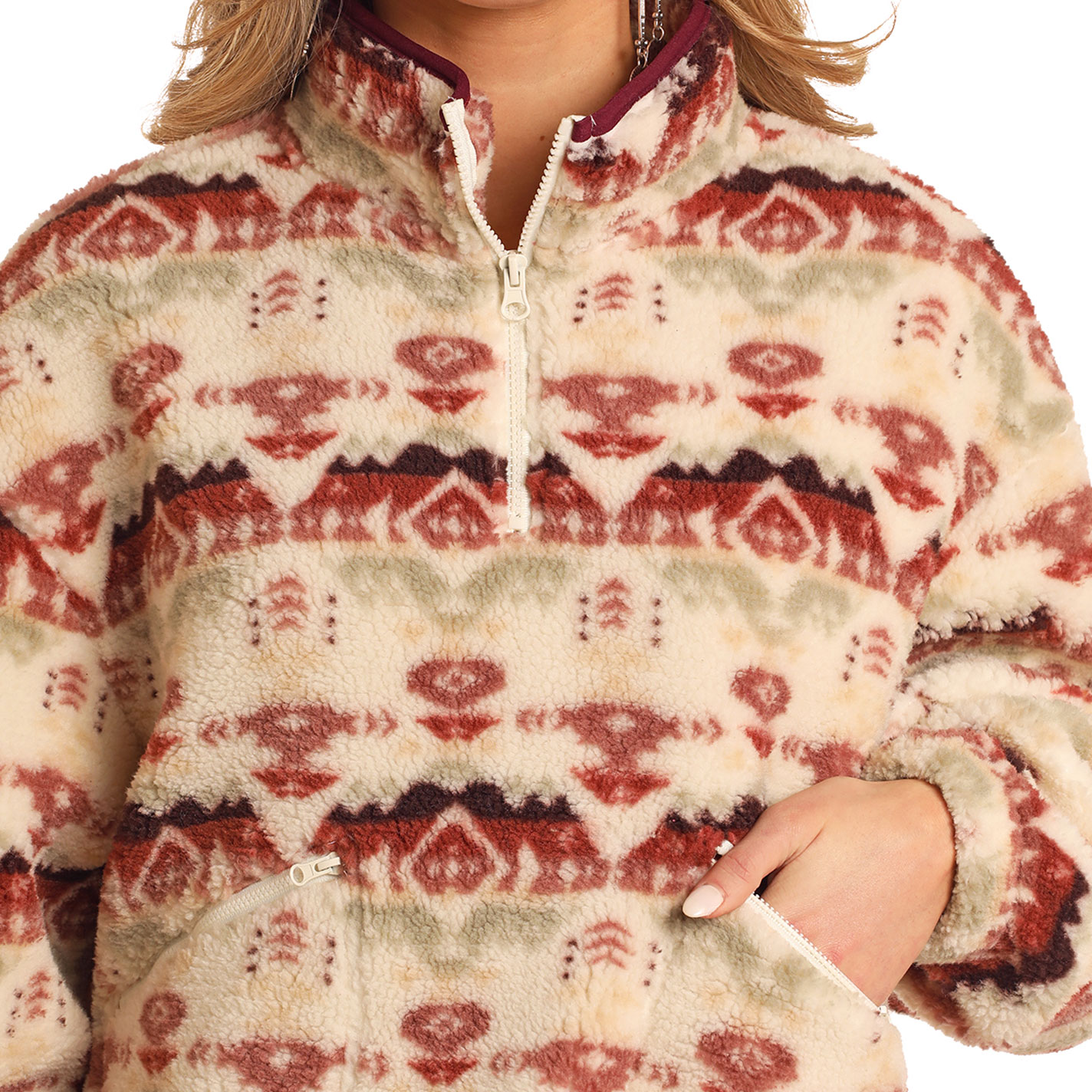 Rock & Roll Denim Women's Shades of Wine Aztec Print Sherpa Pullover - Image 1