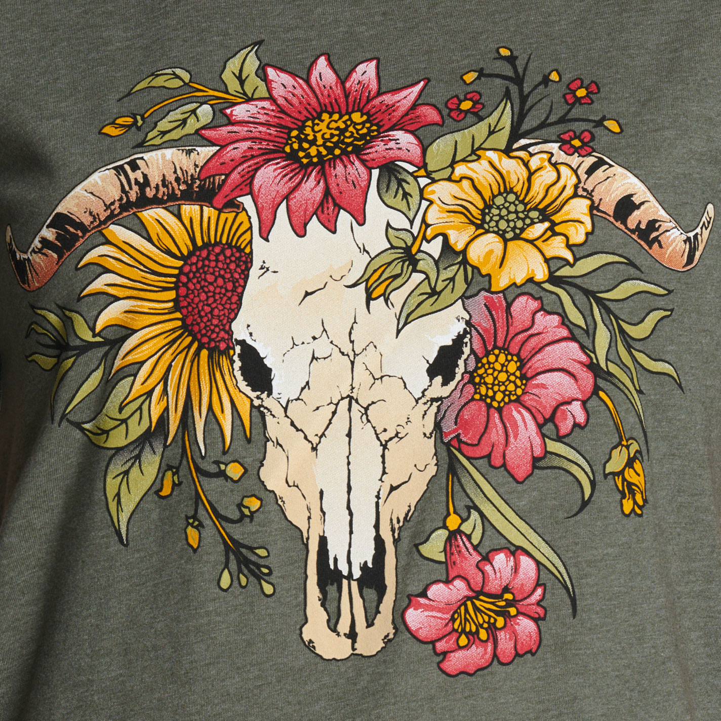Spirit to a Tee Women's Military Green Skull & Floral Graphic T-Shirt - Image 1