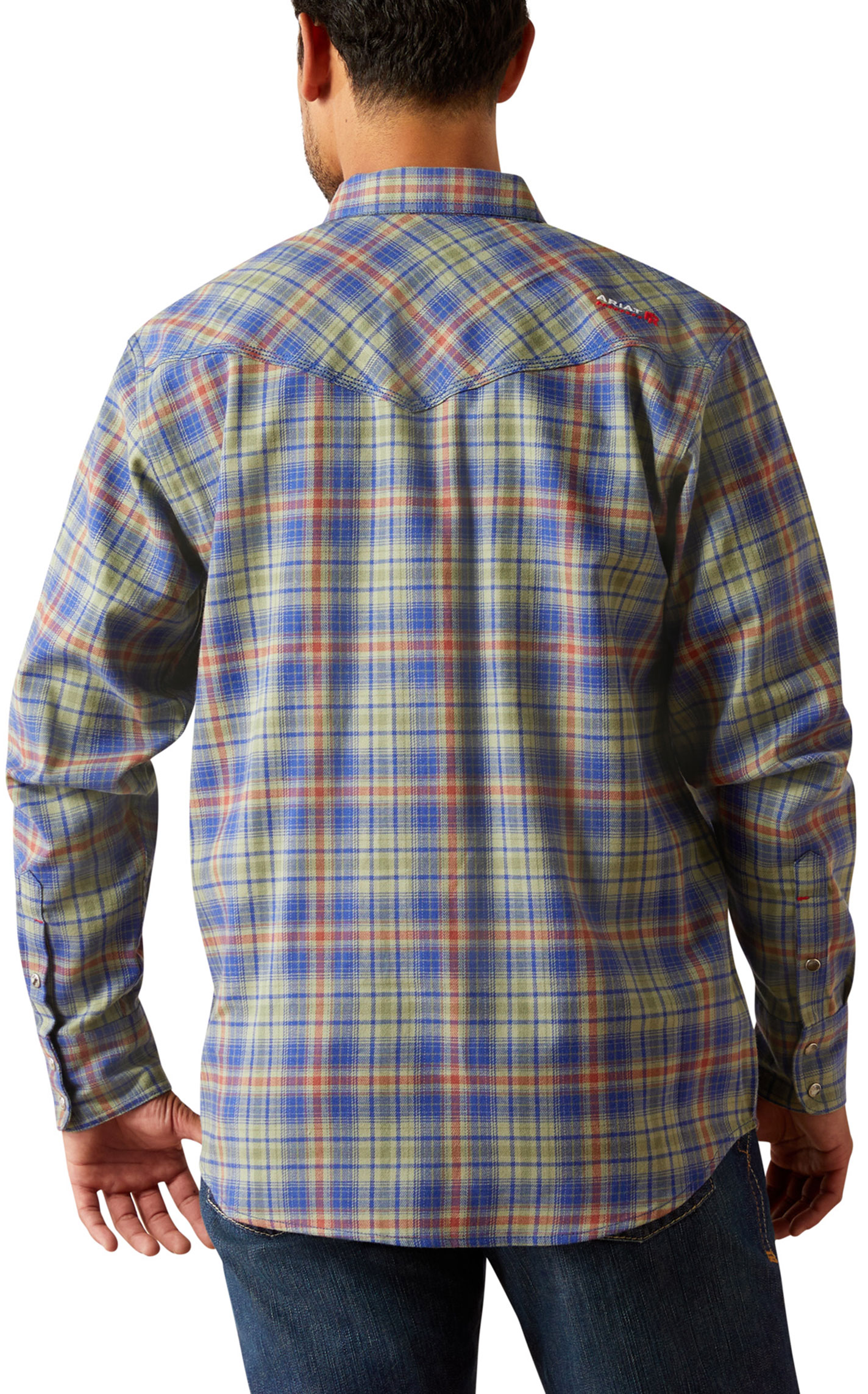 Ariat Men's Wilshire Olive & Blue Plaid FR Work Shirt - Image 1
