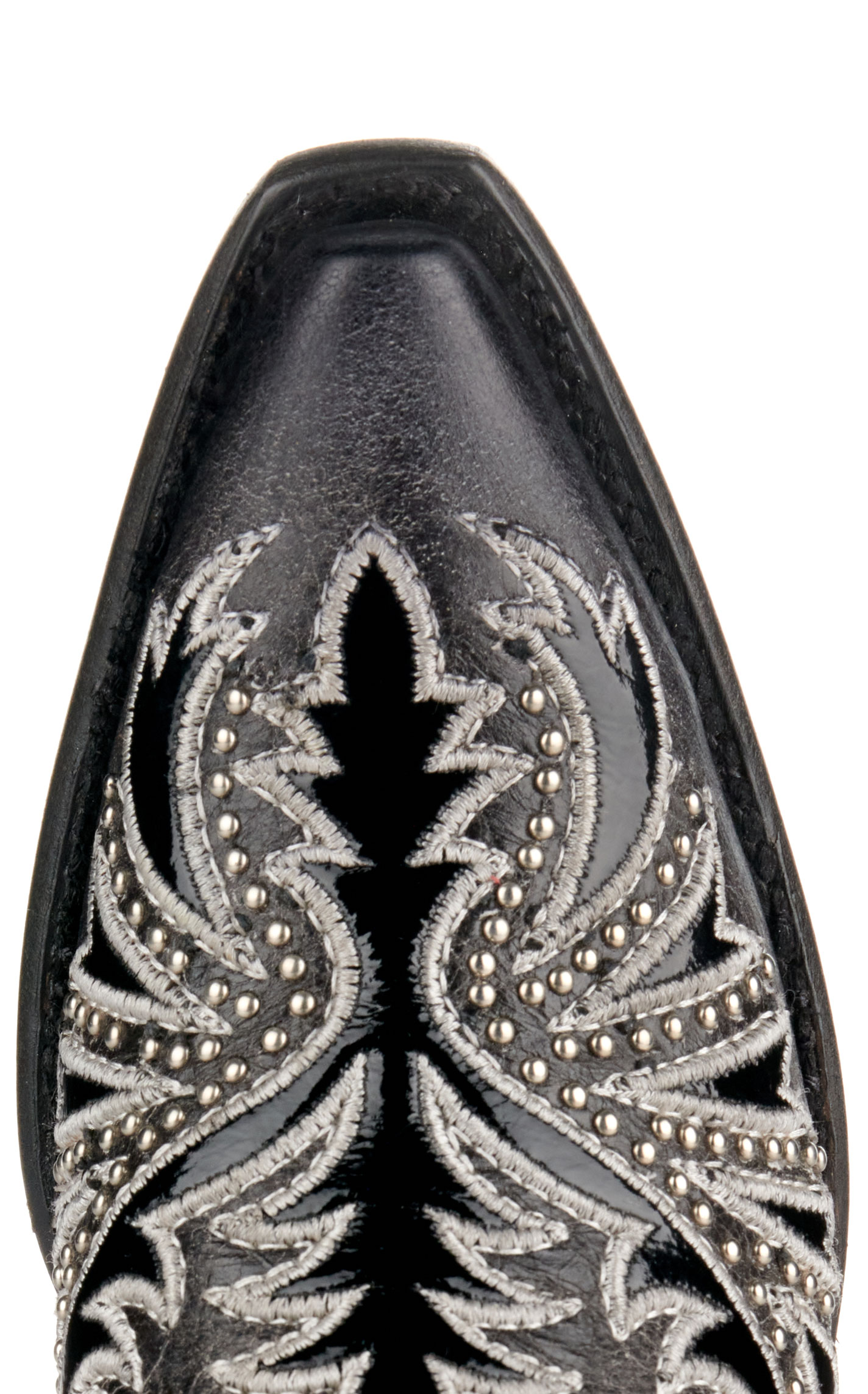 Corral Women's Distressed Black with White Embroidery and Studs Snip Toe Cowboy Boots - Image 1