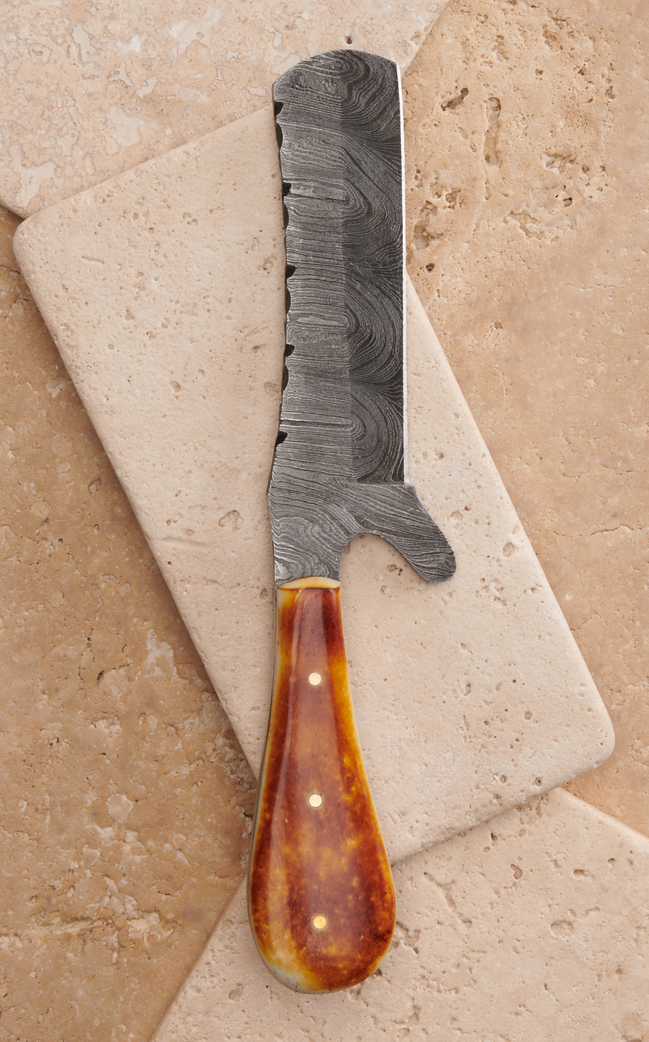 Circle SH Cutlery Damascus Blade and Burnt Bone Handle Castrations Knife with Leather Sheath - Image 1