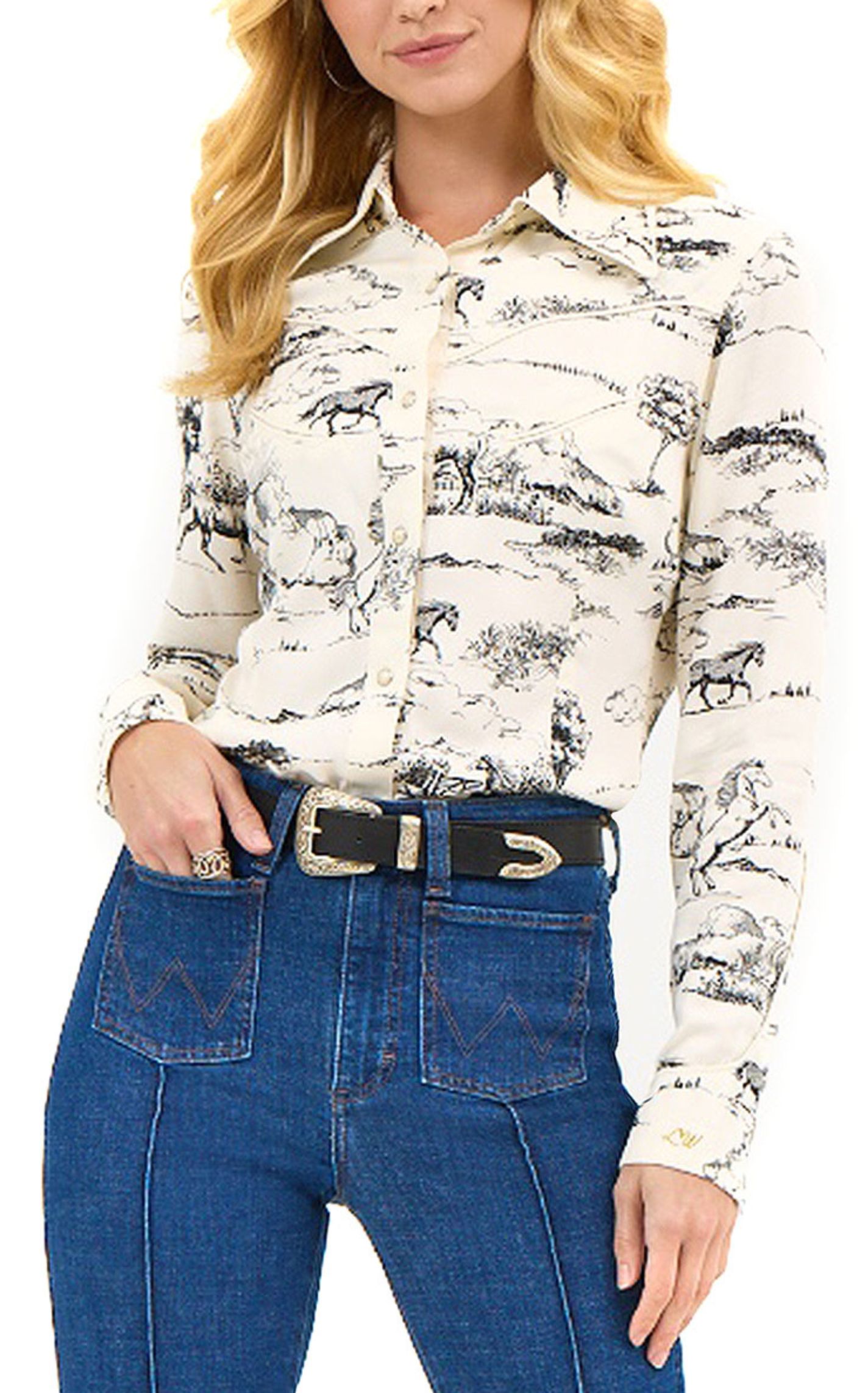 Wrangler X Lainey Wilson Women's White & Black Western Print Top - Image 1