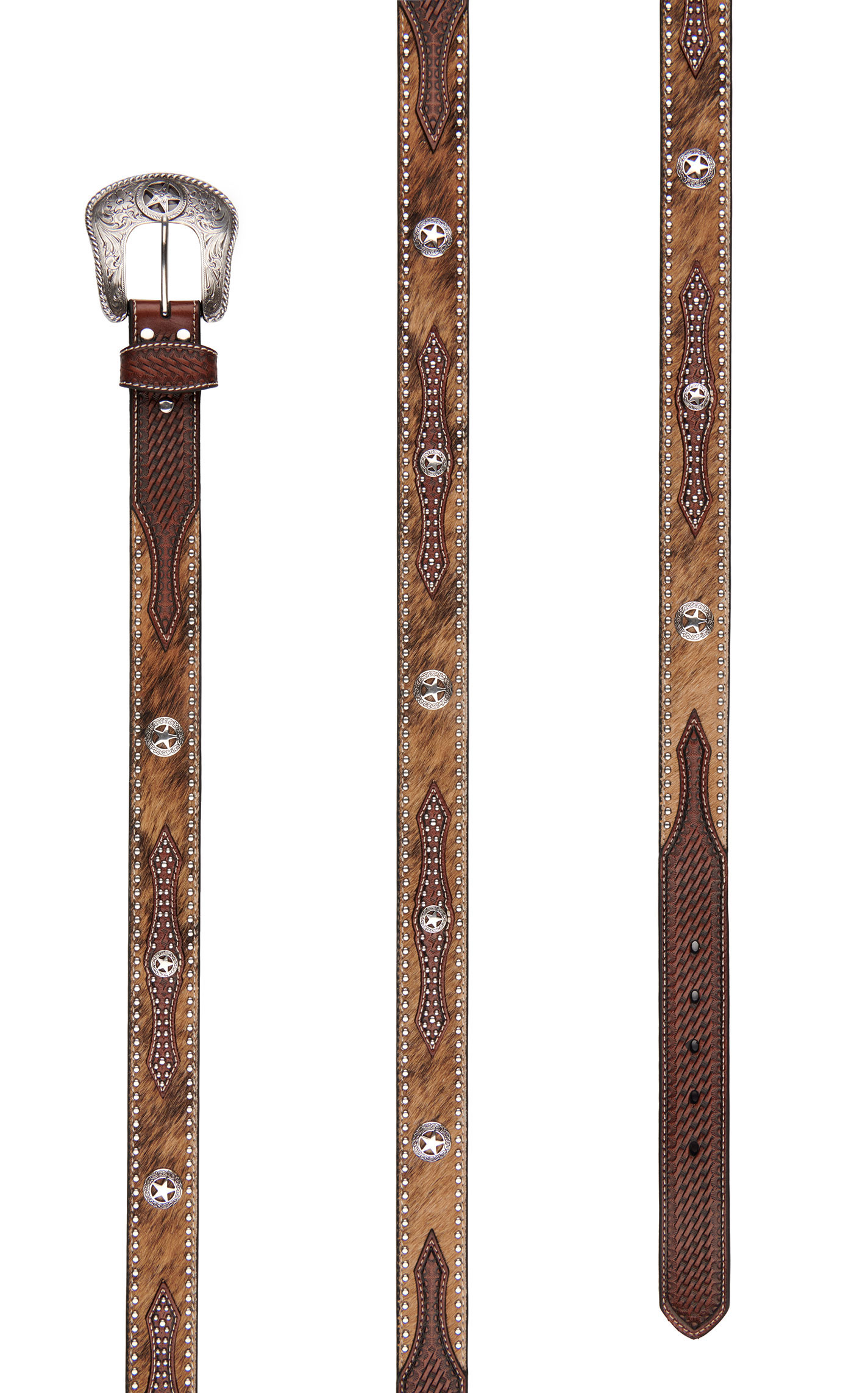 Nocona Men's Hair On Hide with Basketweave and Silver Star Conchos Western Belt - Image 1