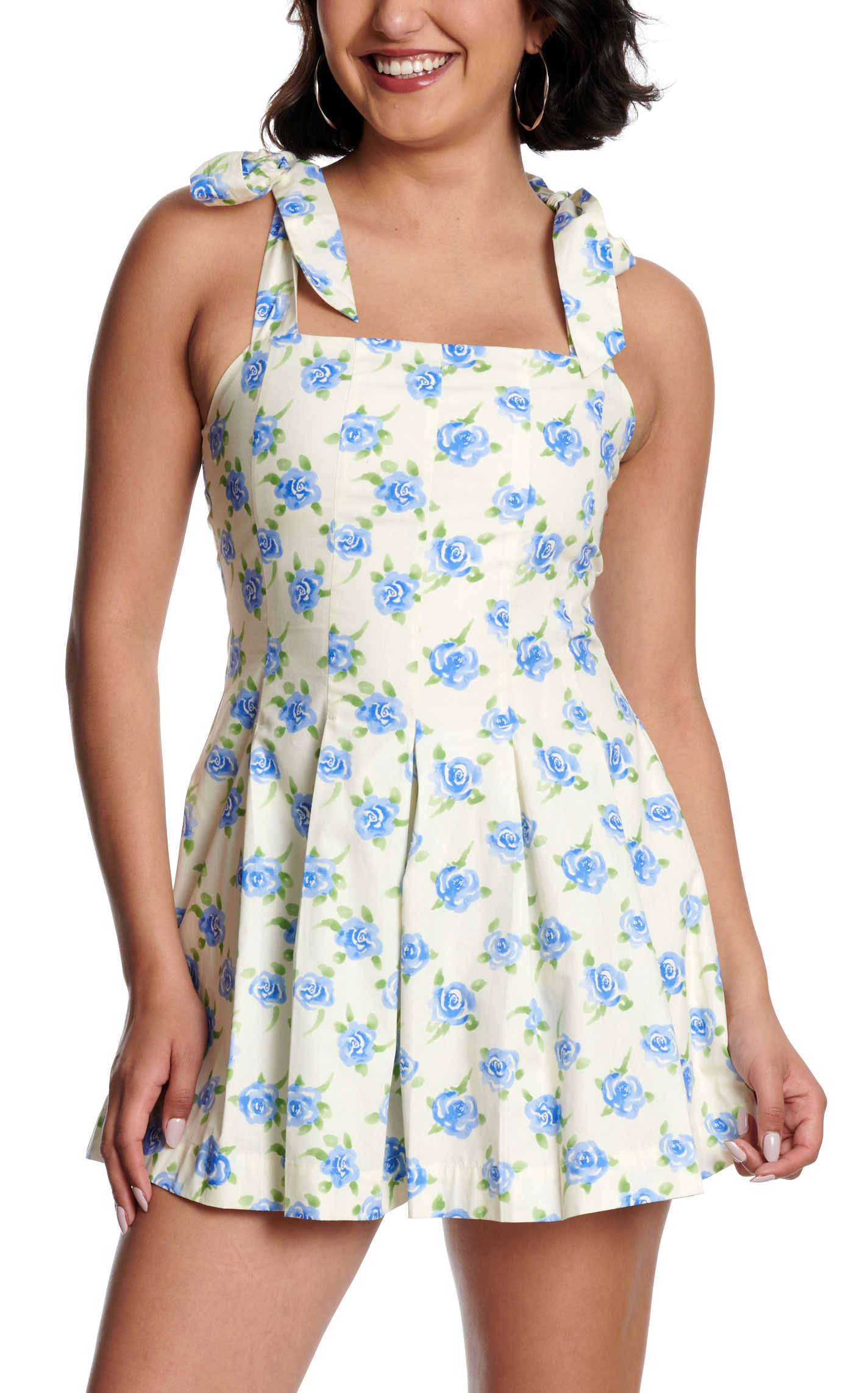 HYFVE Women's Cream & Blue Floral Print Tie Shoulder Dress - Image 1