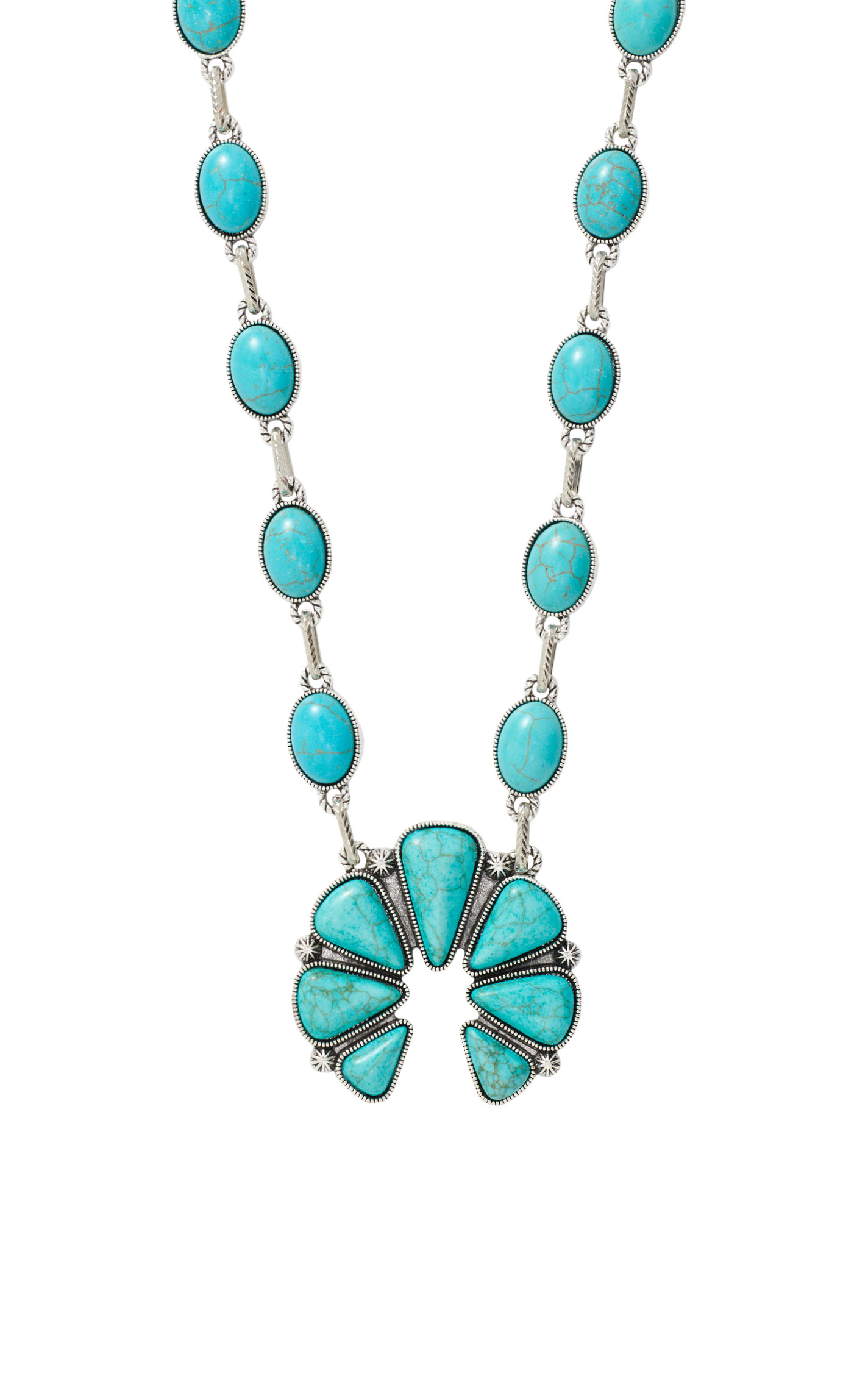 Southern Grace Silver & Turquoise Squash Blossom Teardrop Necklace - Image 1