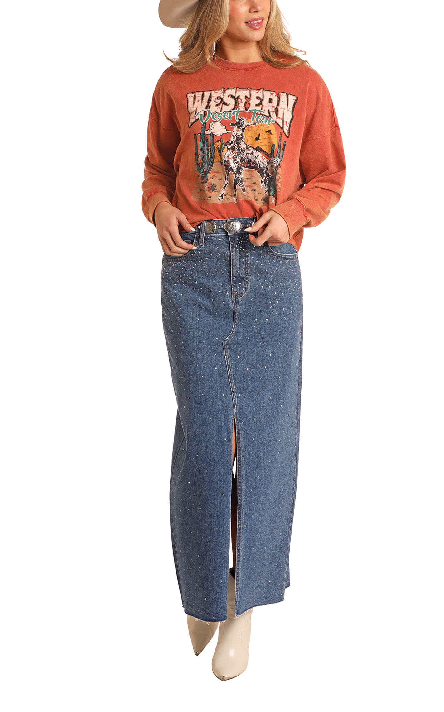 Rock & Roll Denim Women's Rust Western Desert Tour Graphic Pullover - Image 1