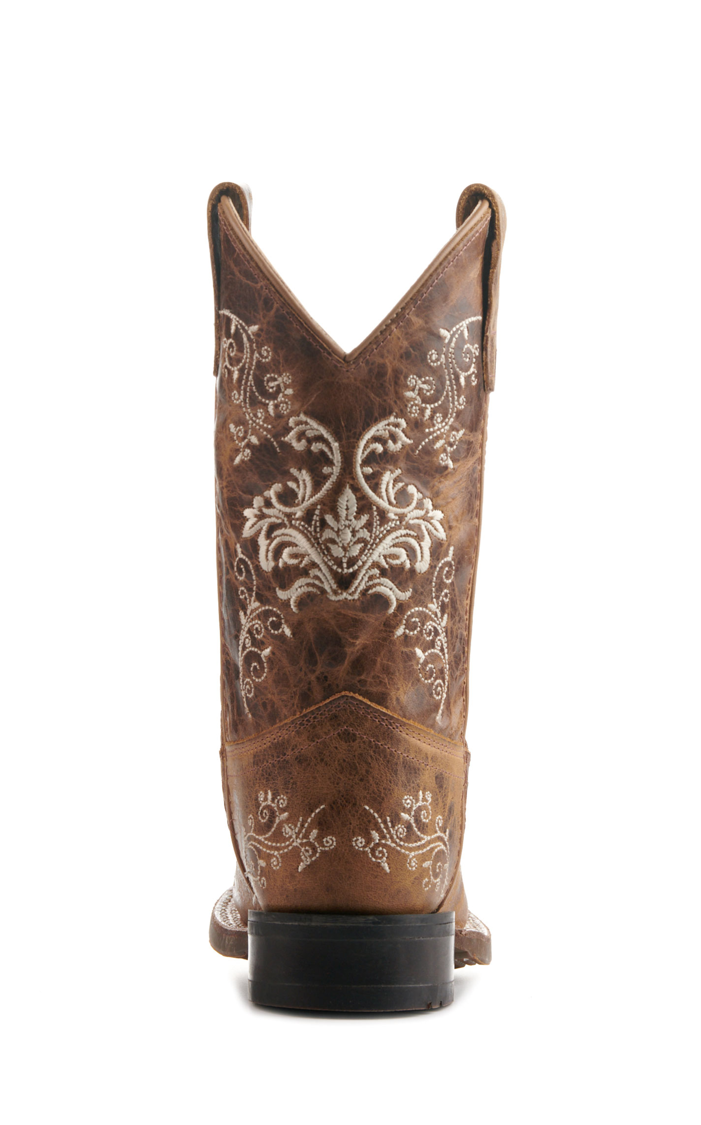 Old West Youth Burnt Tan with Cream Embroidery Wide Square Toe Cowboy Boots - Image 1