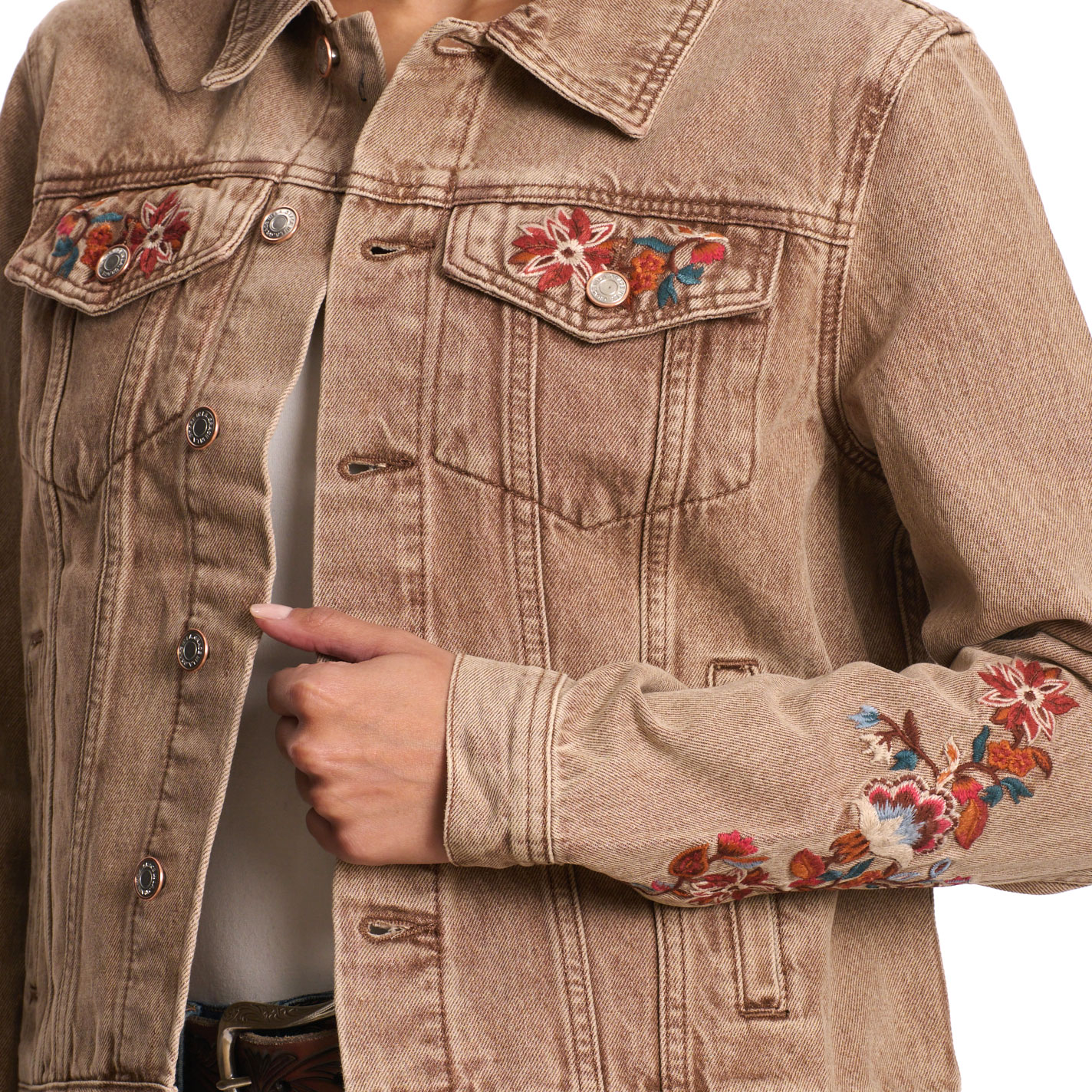 Grace in LA Women's Cinnamon Floral Embroidered Denim Jacket - Image 1