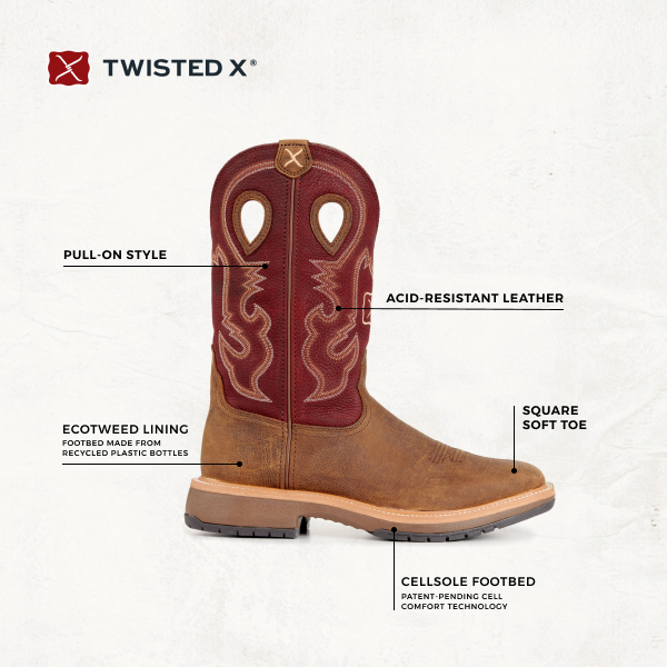 Twisted X Men's Horseman Brown and Burgundy Wide Square Toe Work Boots - Image 1