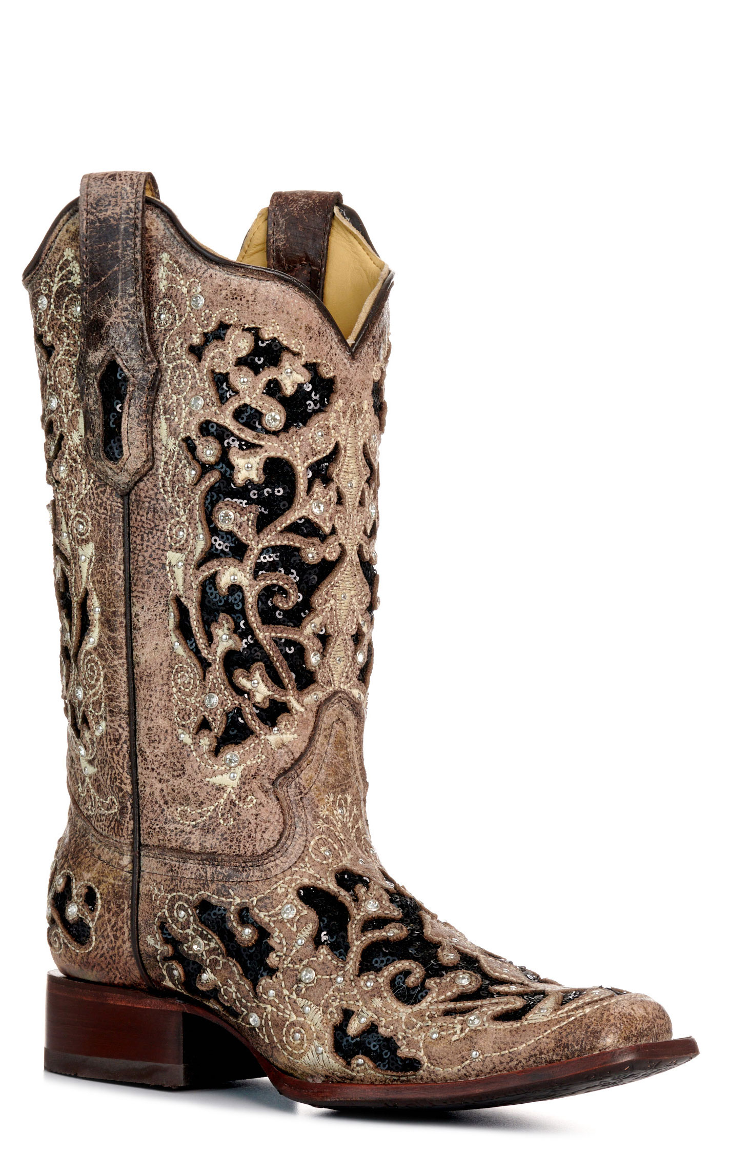 Corral Women's Brown with Black Glitter & Crystals Inlay Square Toe Cowboy Boots - Image 1