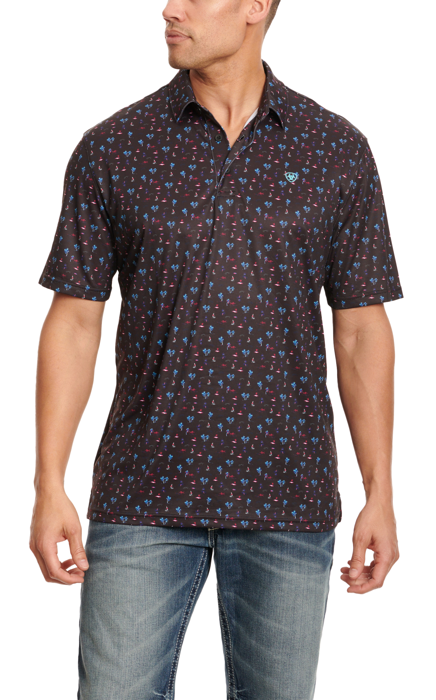 Ariat Men's Black & Tropical Beach Print Tek Polo Shirt - Image 1