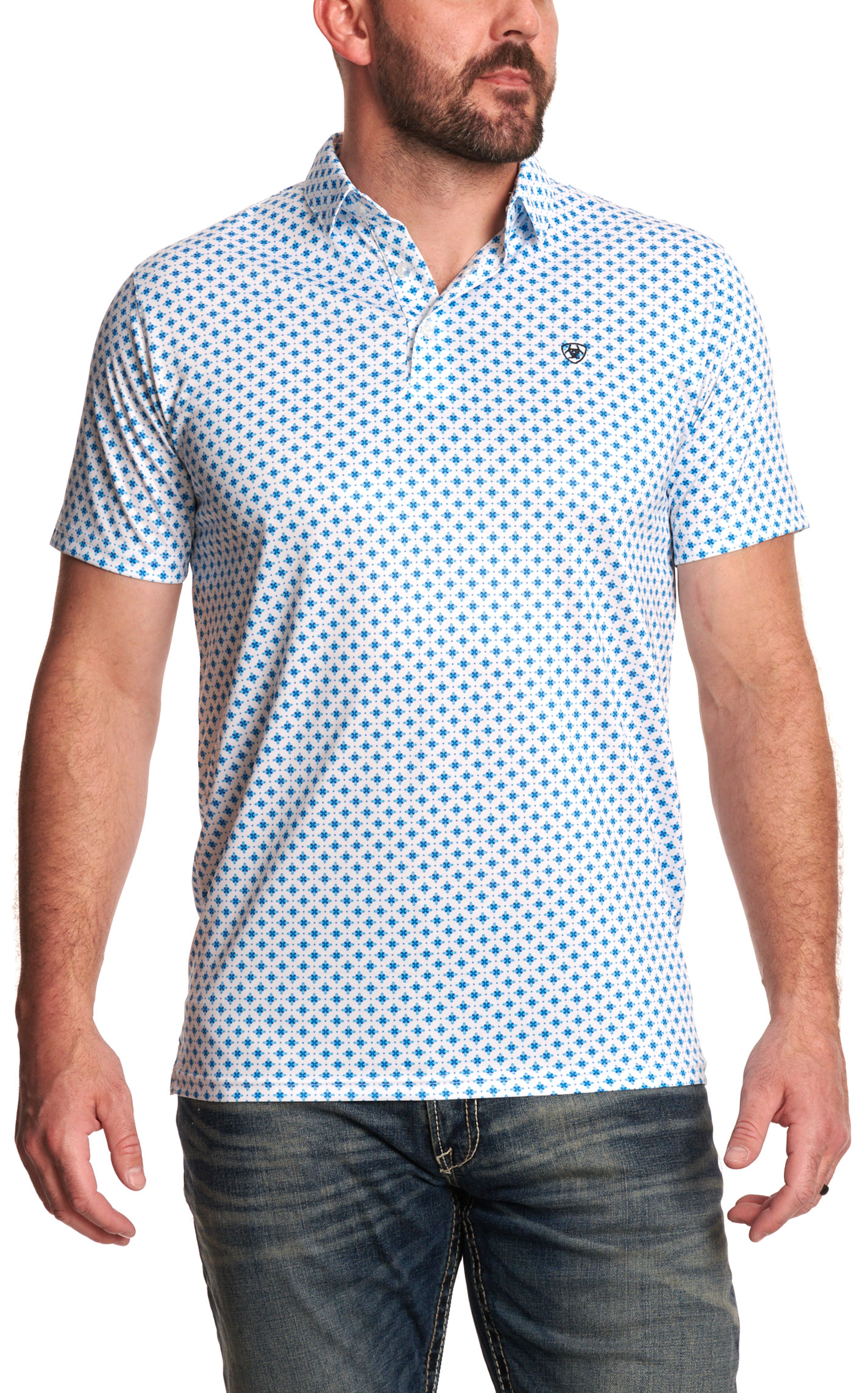 Ariat Men's White & Blue Geo Print Polo - Image 1