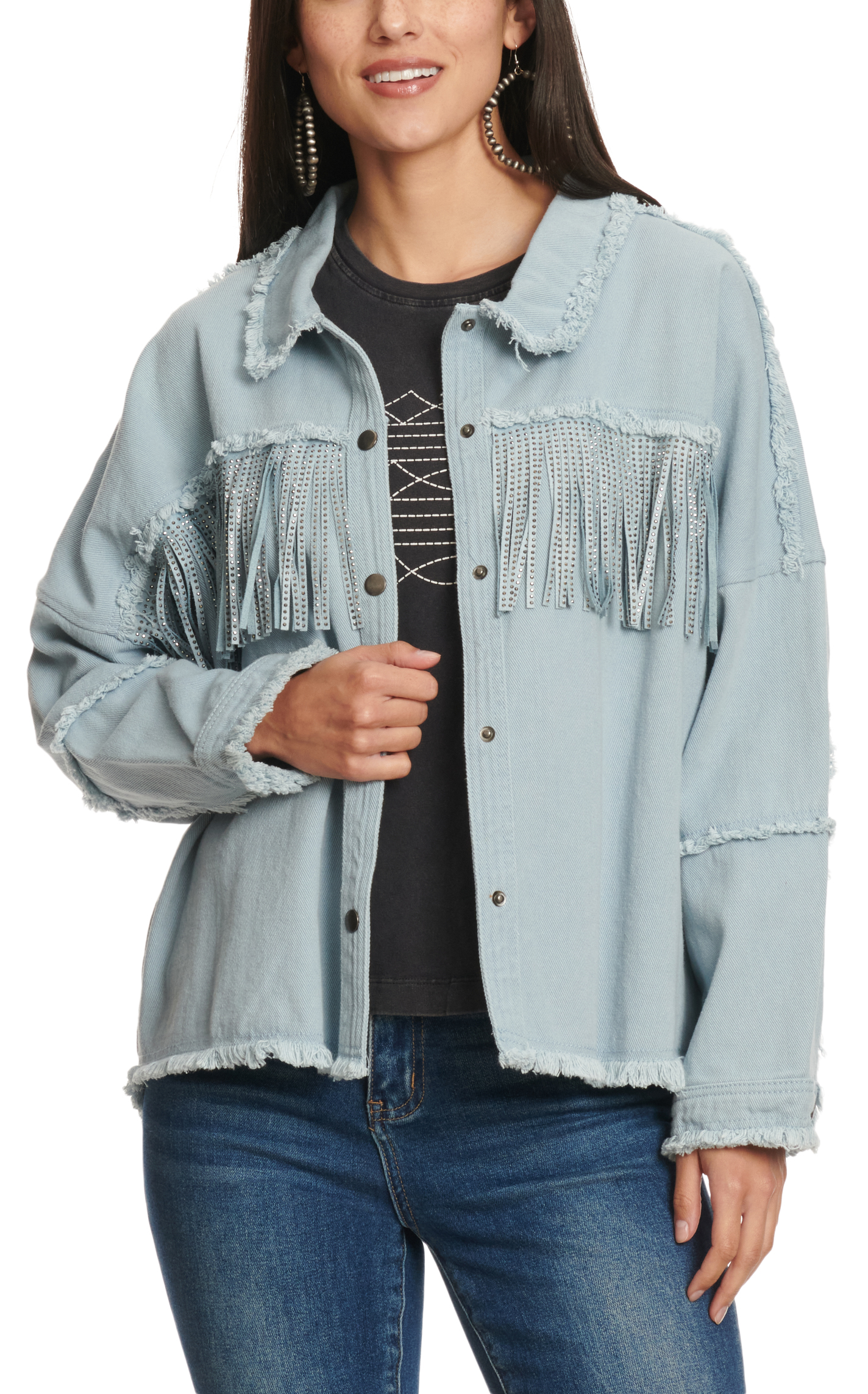 Rockin' C Women's Light Blue with Rhinestone Fringe Drop Shoulder Jacket - Image 1