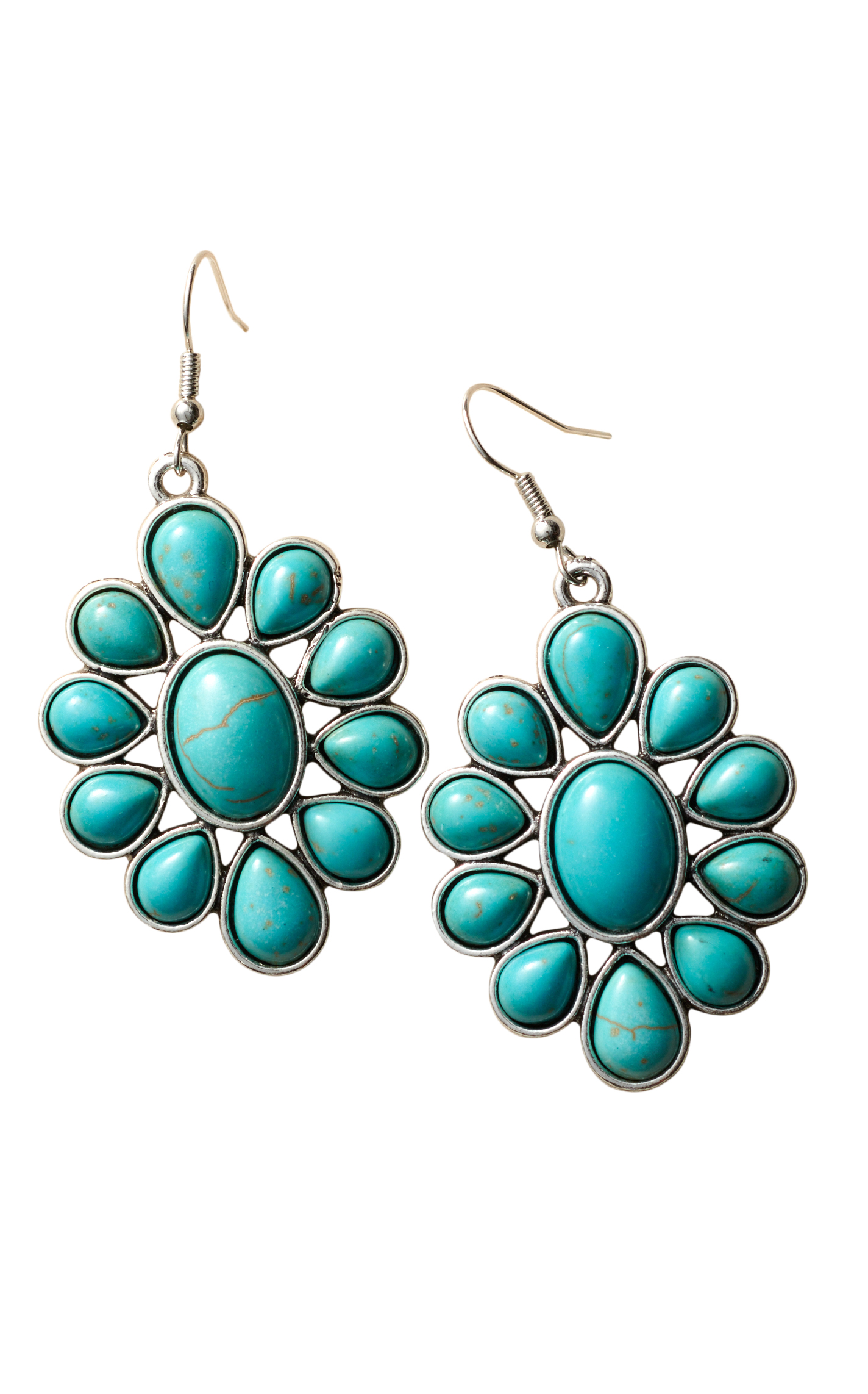 Southern Grace Silver & Turquoise Stone Floral Concho Earrings - Image 1