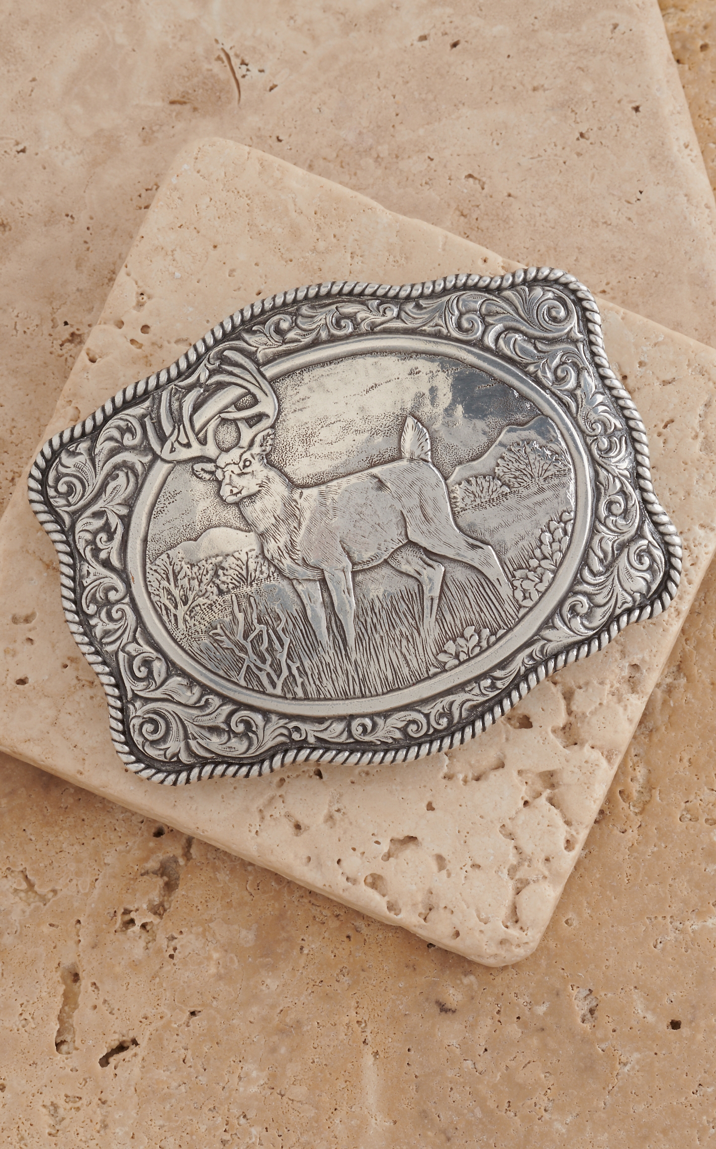 Crumrine Silver White Tail Buck with Western Scroll Rectangle Belt Buckle - Image 1