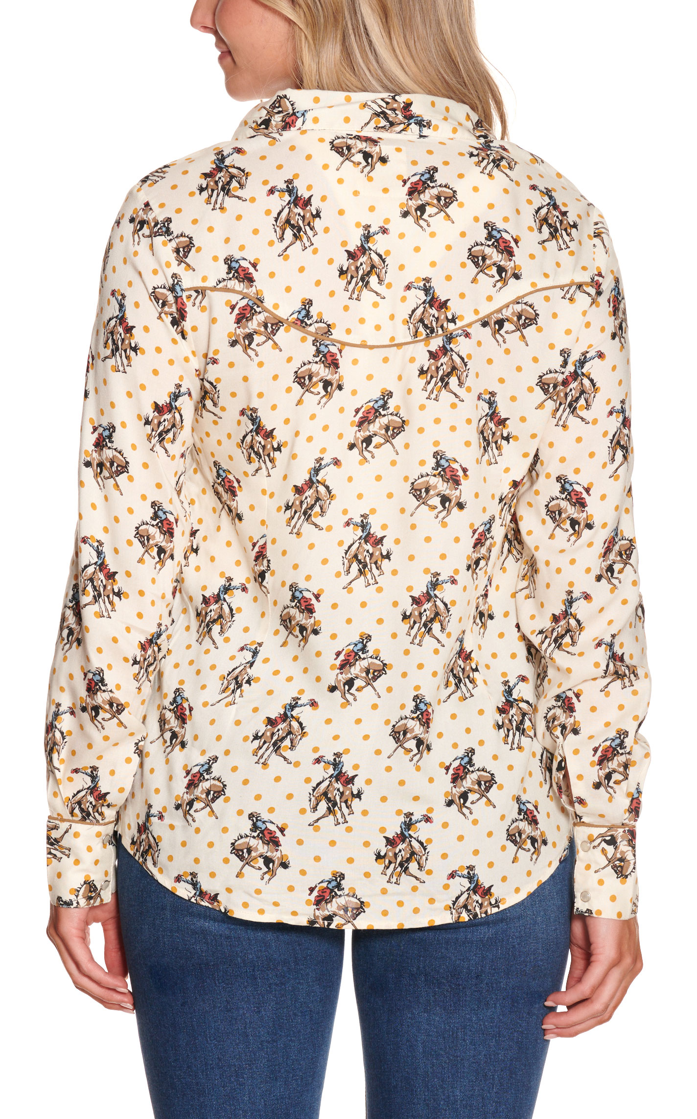 Cotton & Rye Women's Cream with Mustard Dots Retro Bronc Rider Print Long Sleeve Western Shirt - Image 1