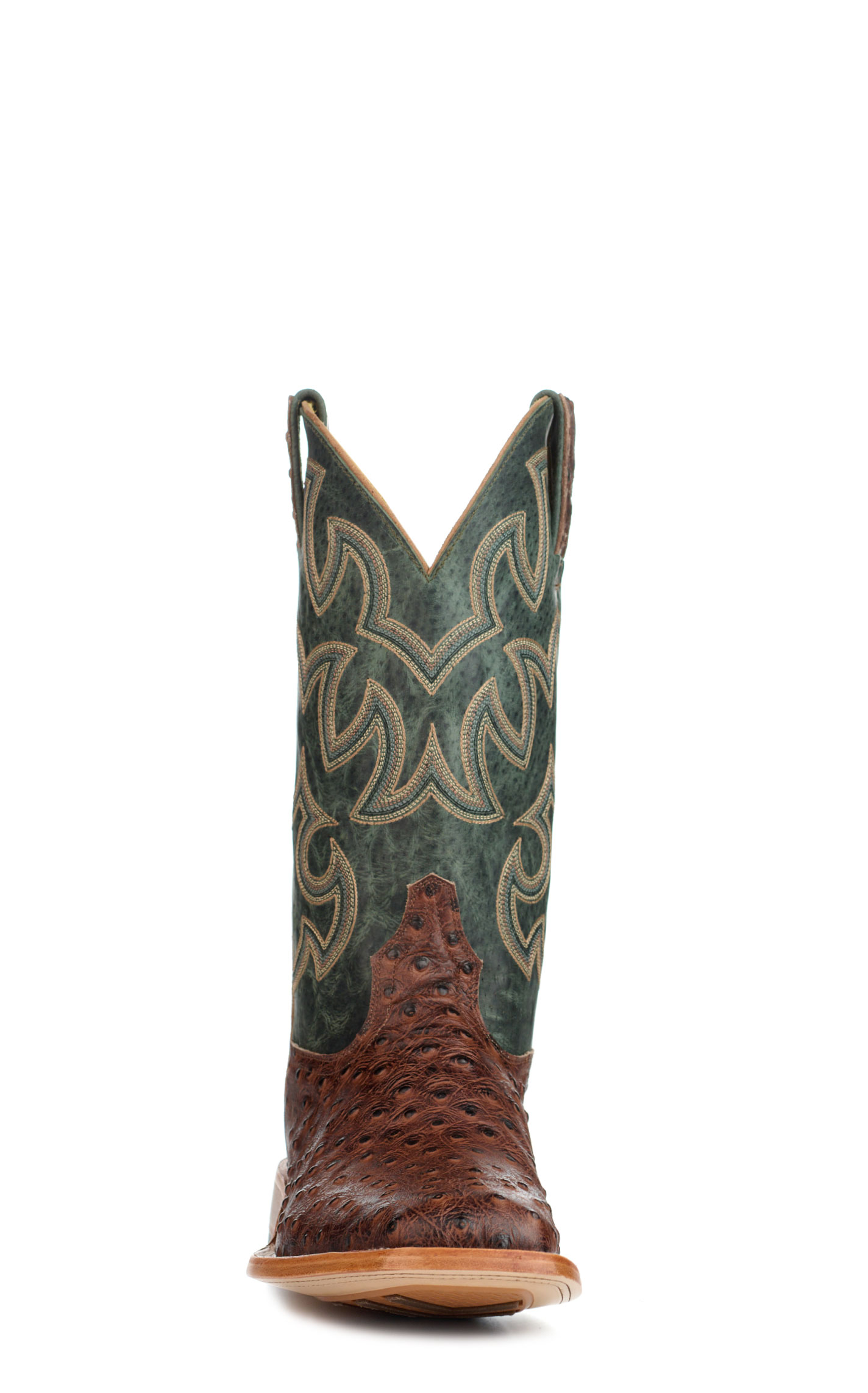 Cavender's Men's Endurance Deep Green and Brown Ostrich Print Wide Square Toe Cowboy Boots - Image 1