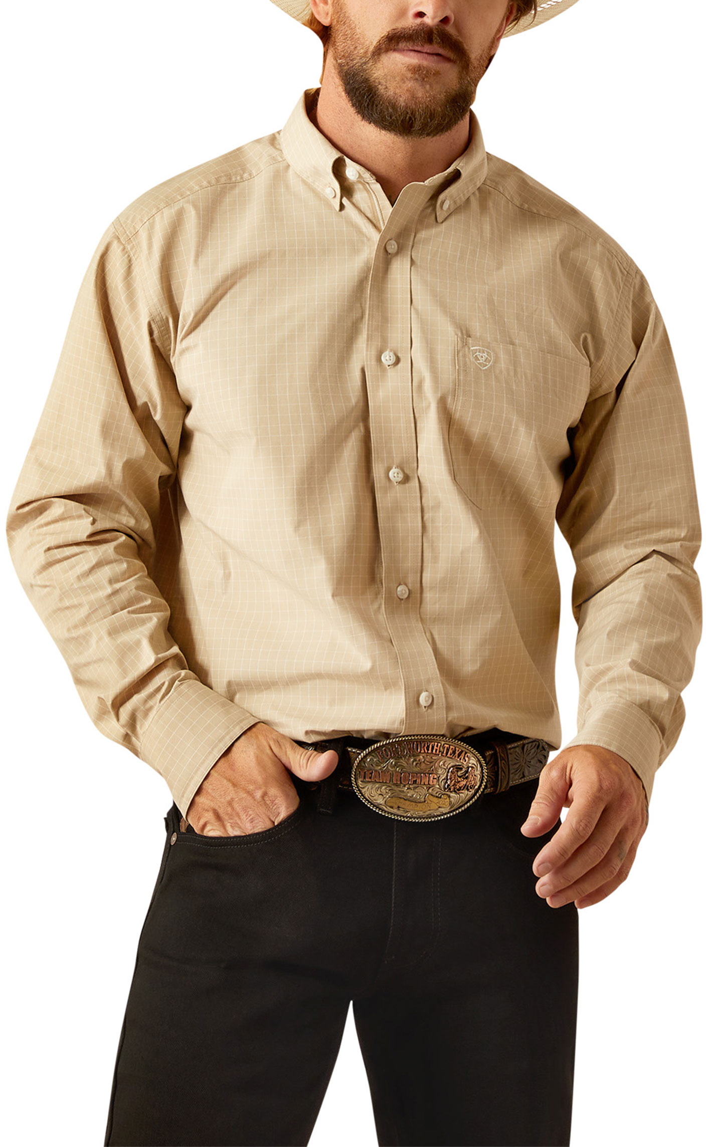 Ariat Men's Pro Series Cayson Khaki & Cream Plaid Western Shirt - Image 1