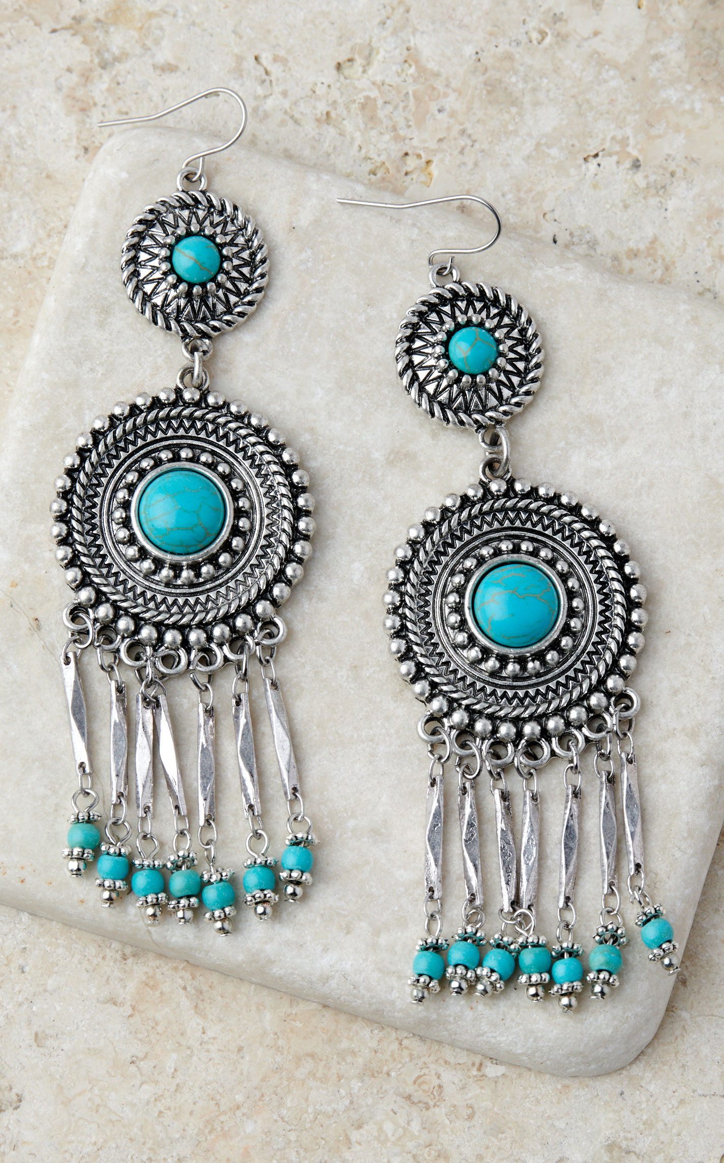 Cowgirl Confetti Silver Etched Beaded & Roped Double Fringe Concho Earrings - Image 1