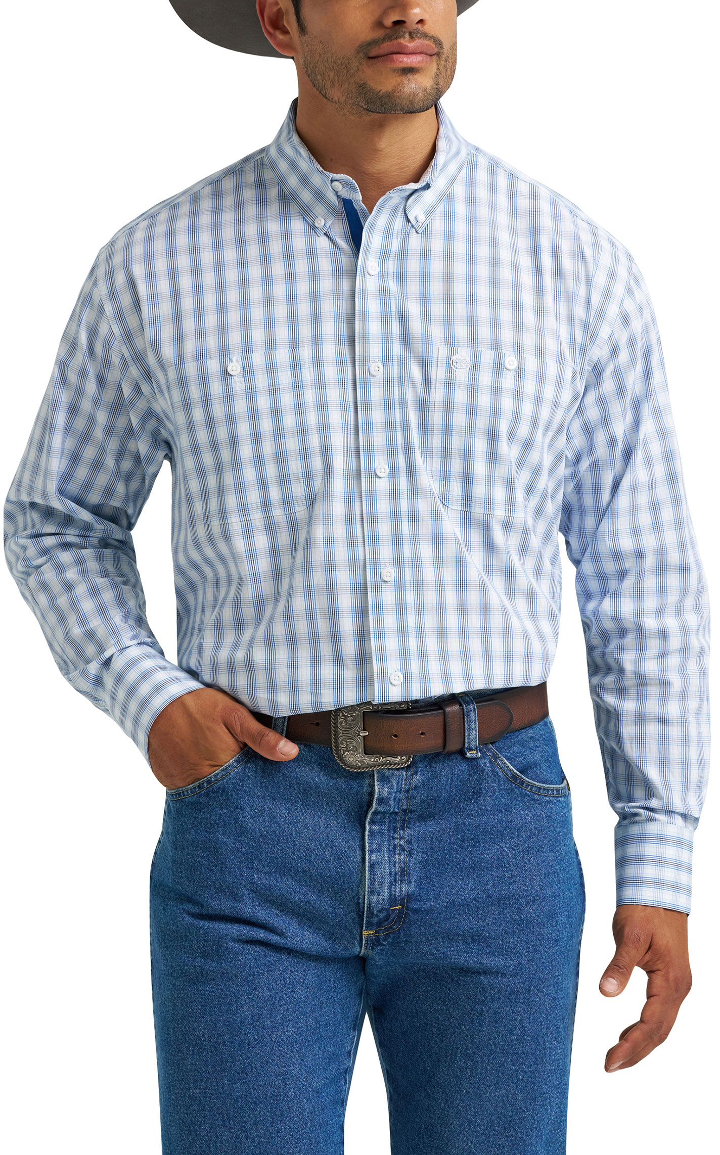 George Strait Men's Blue & White Plaid Print Western Shirt - Image 1