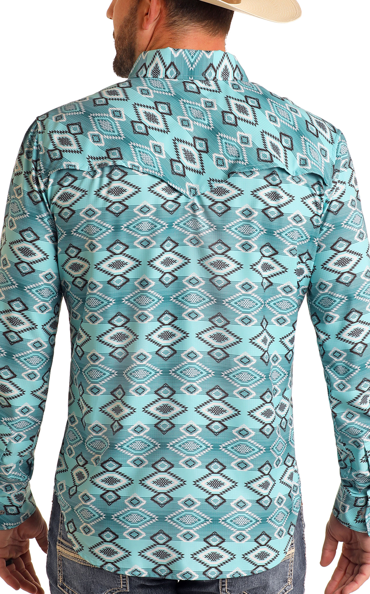 Rock & Roll Denim Men's Turquoise & Black Aztec Western Shirt - Image 1