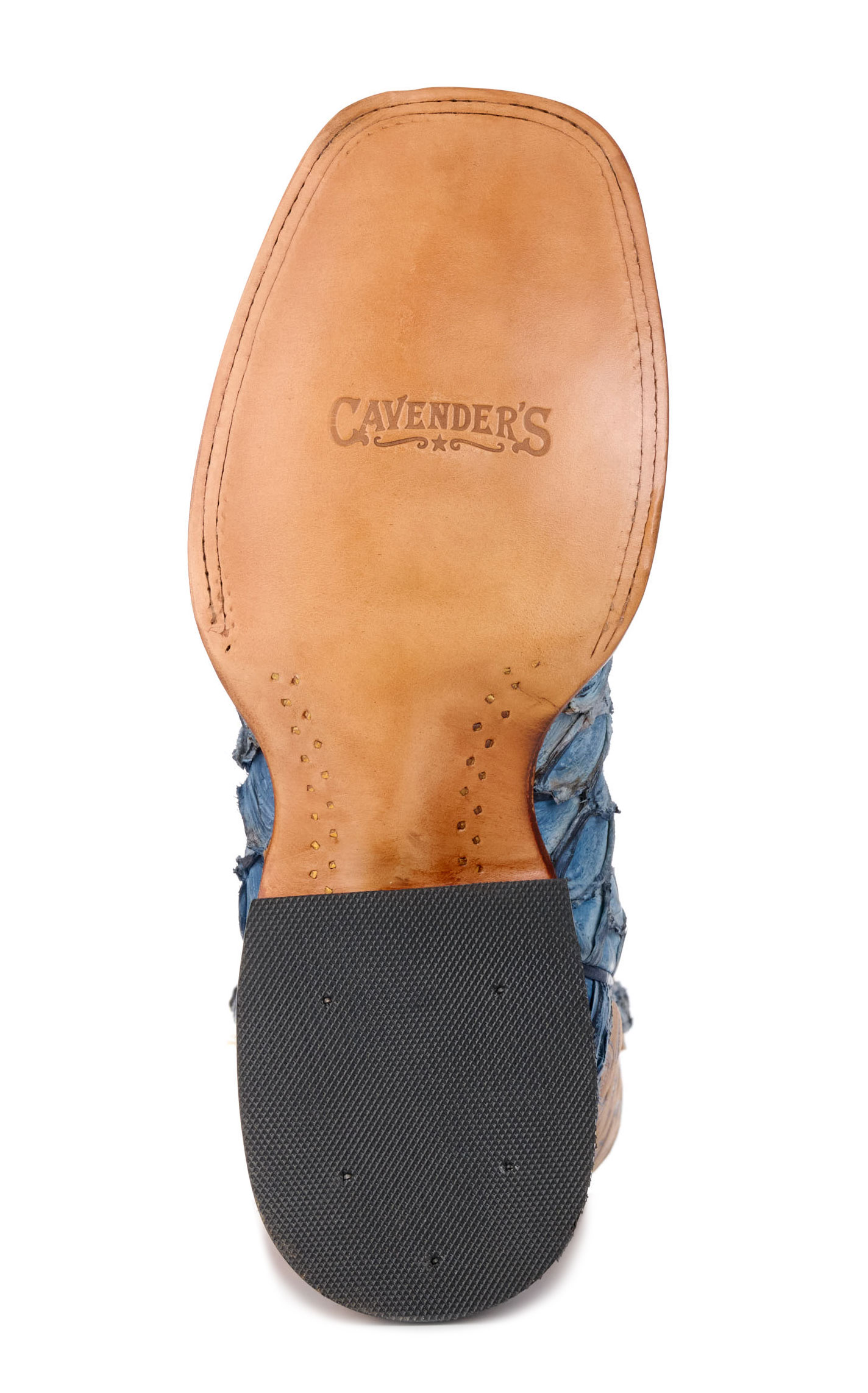 Cavender’s Men’s Blue Pirarucu and Brass Wide Square Toe Exotic Cowboy Boots - Image 1