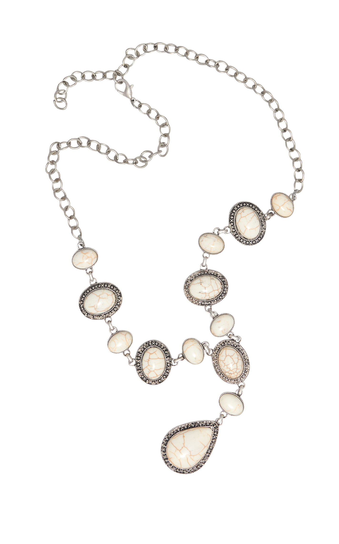 Rockin' C Antiqued Silver & Cream Stone Y Chain Necklace - Image 1