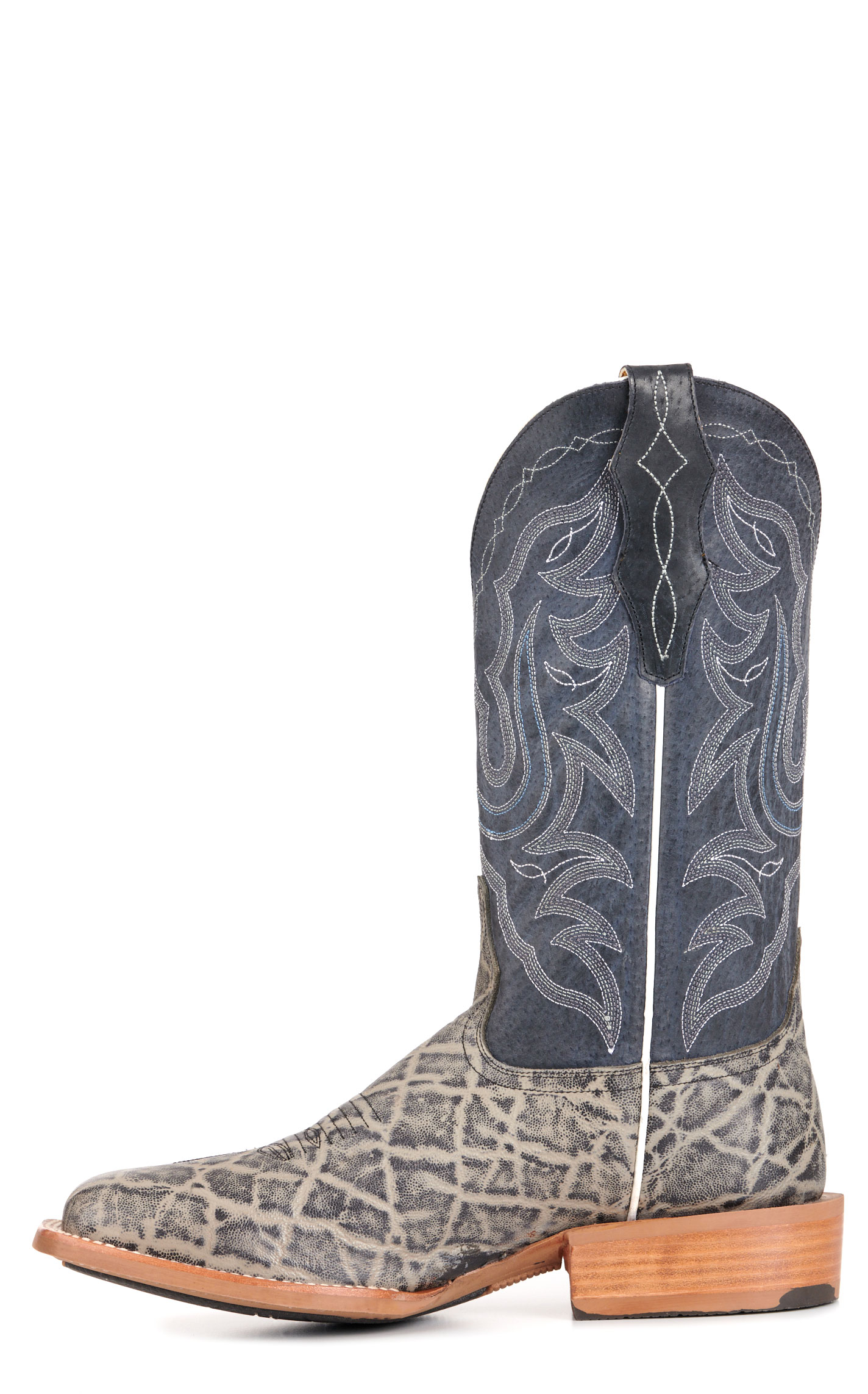 Cavender's Men's Intrepid Gray Elephant Print and Dark Blue Suede Wide Square Toe Cowboy Boots - Image 1
