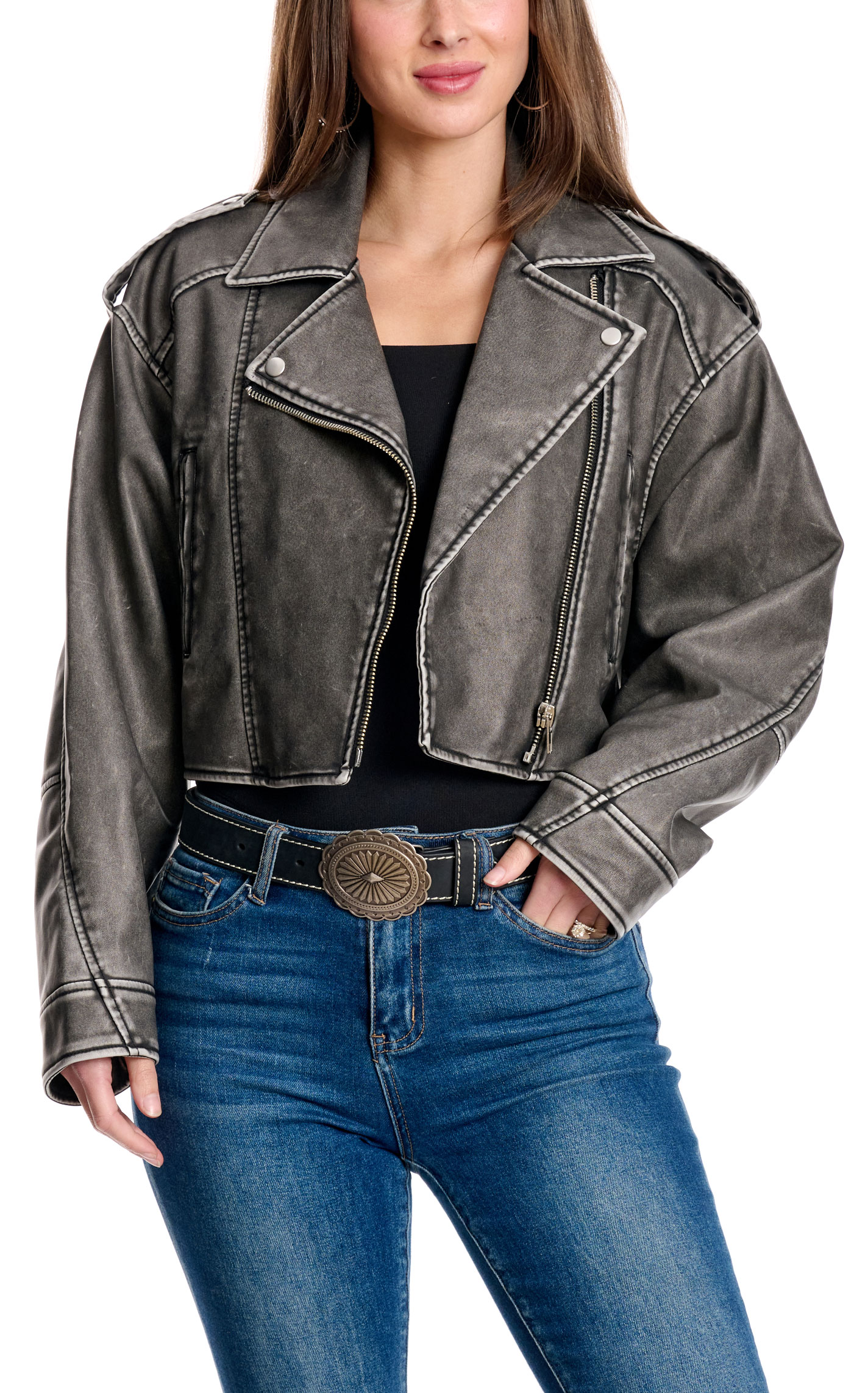 HYFVE Women's Washed Black Faux Leather Cropped Jacket - Image 1