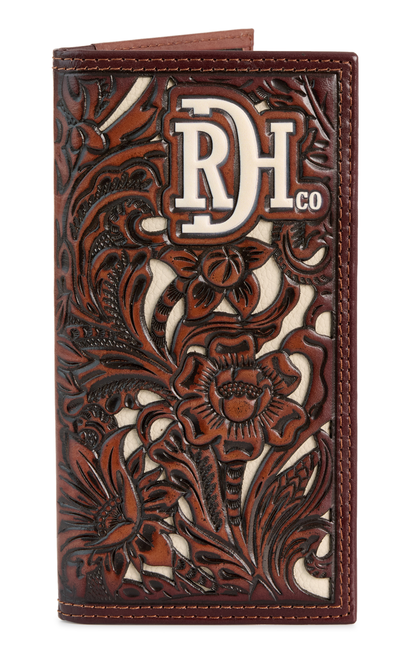 Red Dirt Hat Co. Coffee Leather Floral Tool Cream Underlay Rodeo Wallet - Image 1
