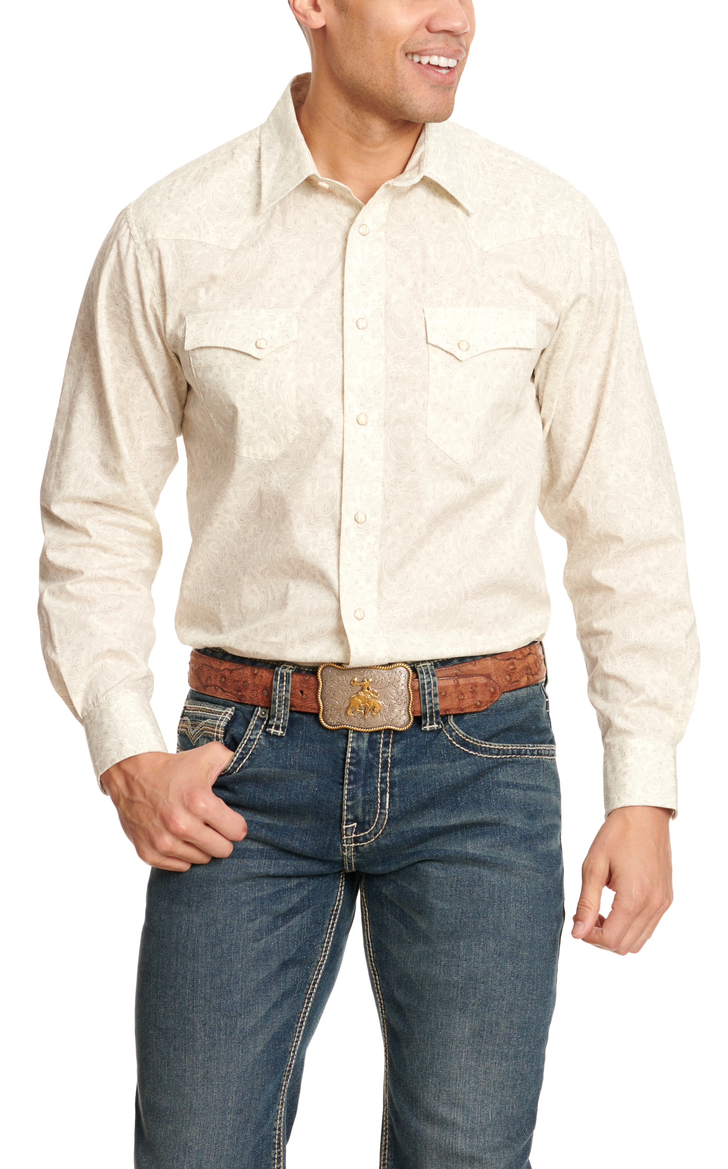 Panhandle Men's Cream & Pale Gray Paisley Western Shirt - Image 1